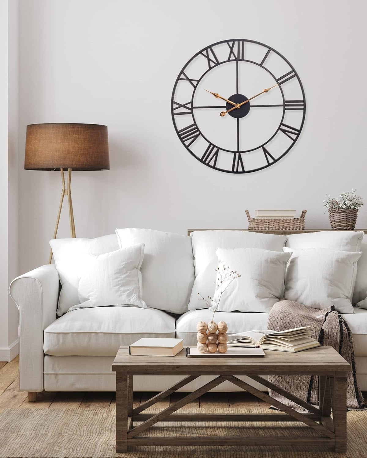 18 Inch Large Wall Clock, Silent Non Ticking Battery Operated Roman Numeral Wall Clock, Industrial Metal Indoor Outdoor Analog Clock for Living Room, Kitchen, Pool, Patio Decor - Black