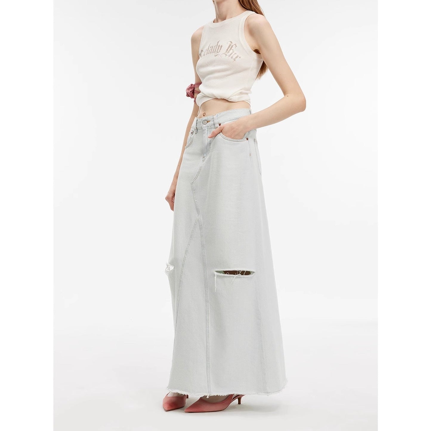 "Walden Pond" Turkish Imported Wash-Faded Distressed Hole Denim A-Line Skirt