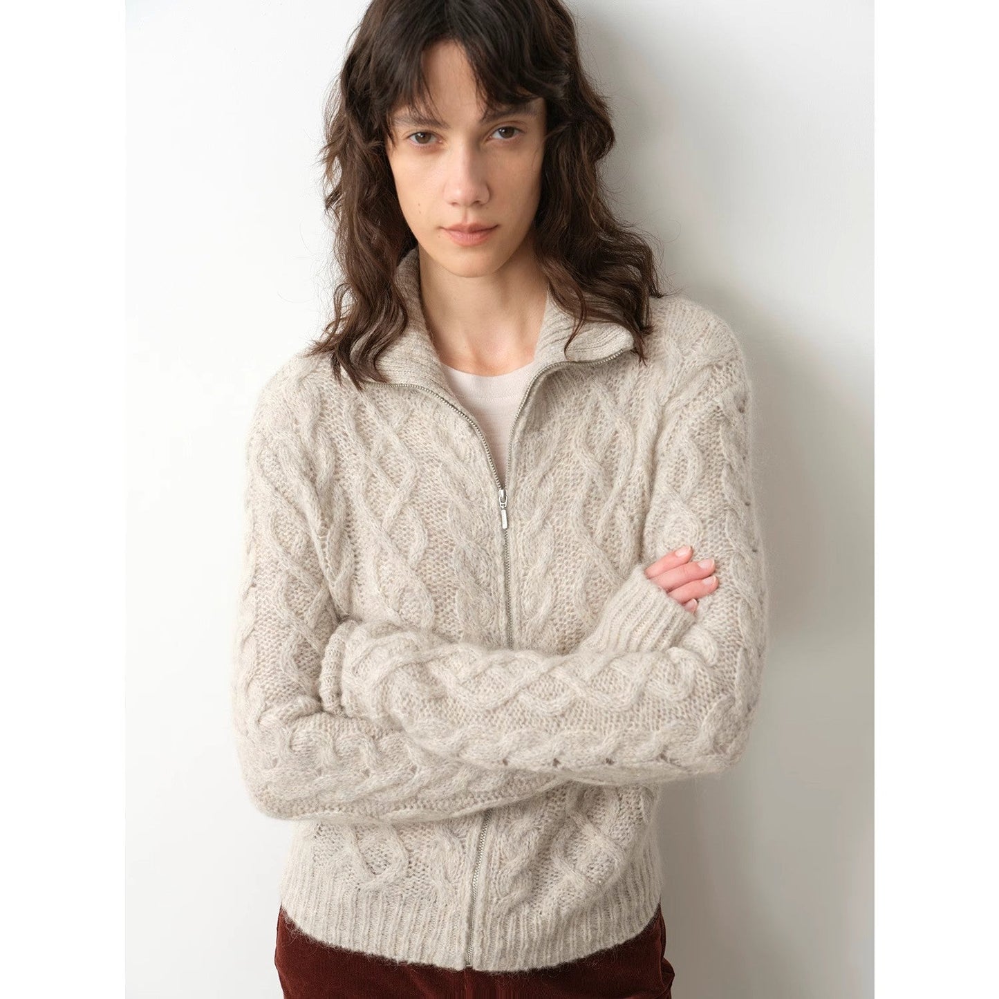 Fitted High-Neck Zipper Knit Cardigan – Angora Mohair Wool Blend, Slim Fit