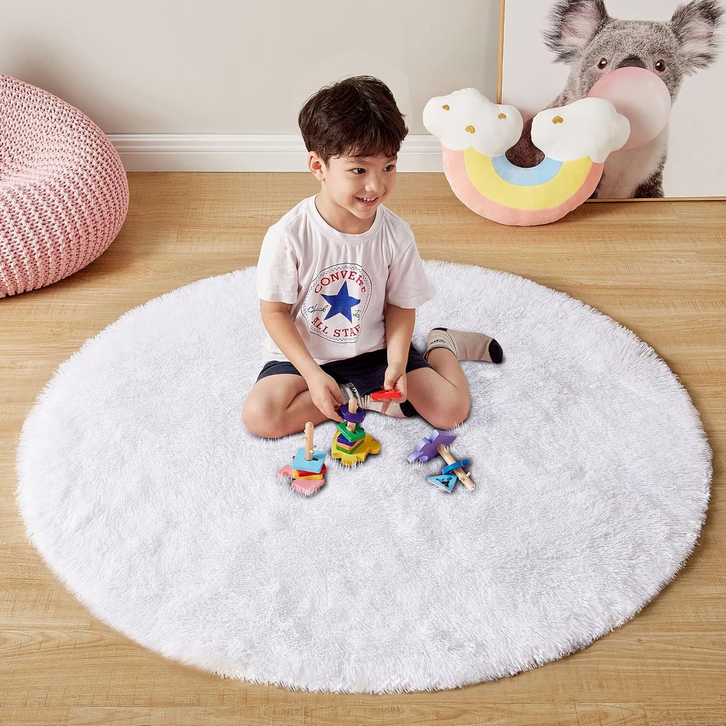 round Rainbow Rug, 4Ft Fluffy Shag Fuzzy Soft Circular Rug for Bedroom, Nursery, Kids Room, Indoor Plush Shaggy Furry Home Decor