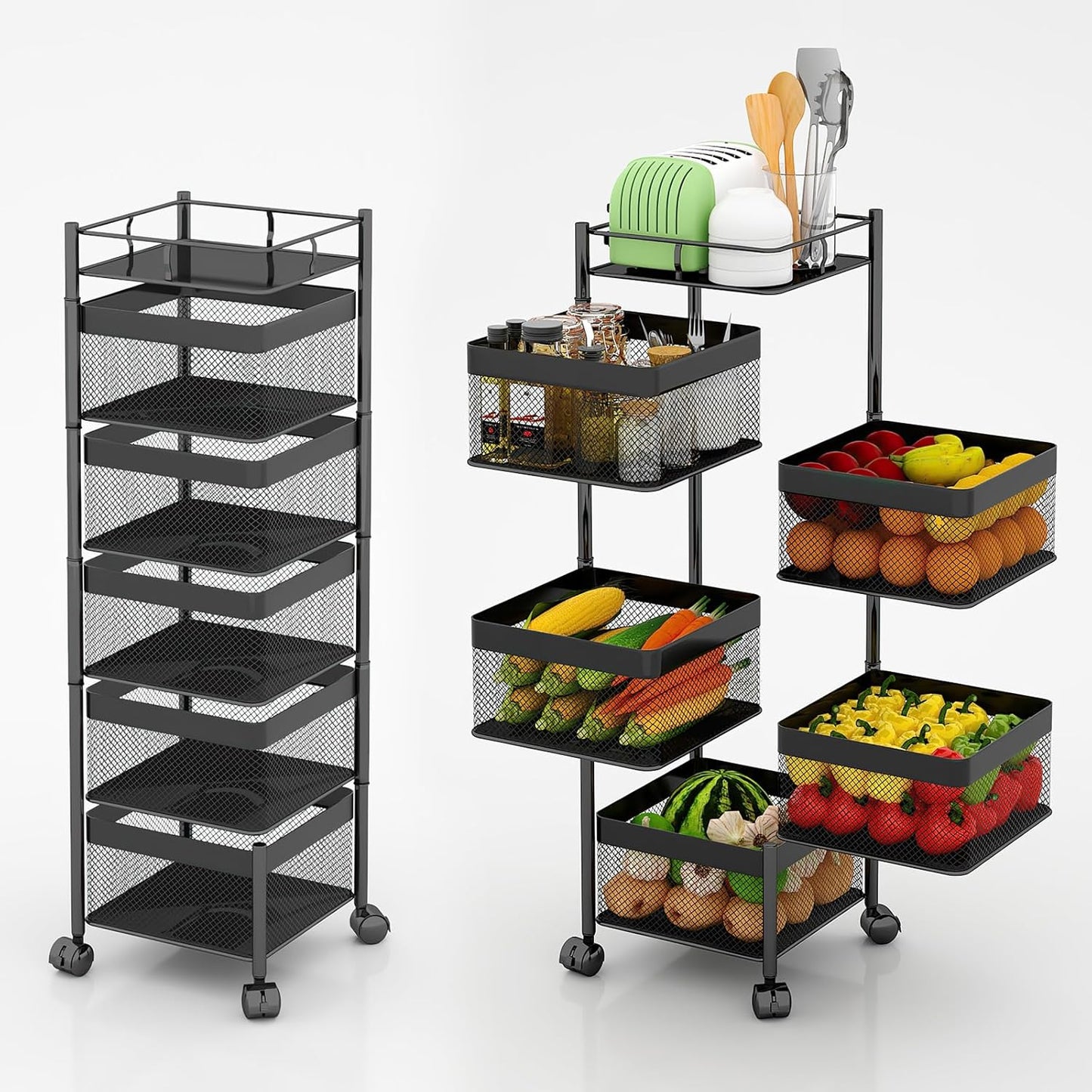 Fruit and Vegetable Basket for Kitchen No Assembly��� Rotating Kitchen Storage Rack,Bathroom Storage Shelf, Kitchen Organizers and Storage Cart on Rolling Wheels(Black, 5 Tier-Square)