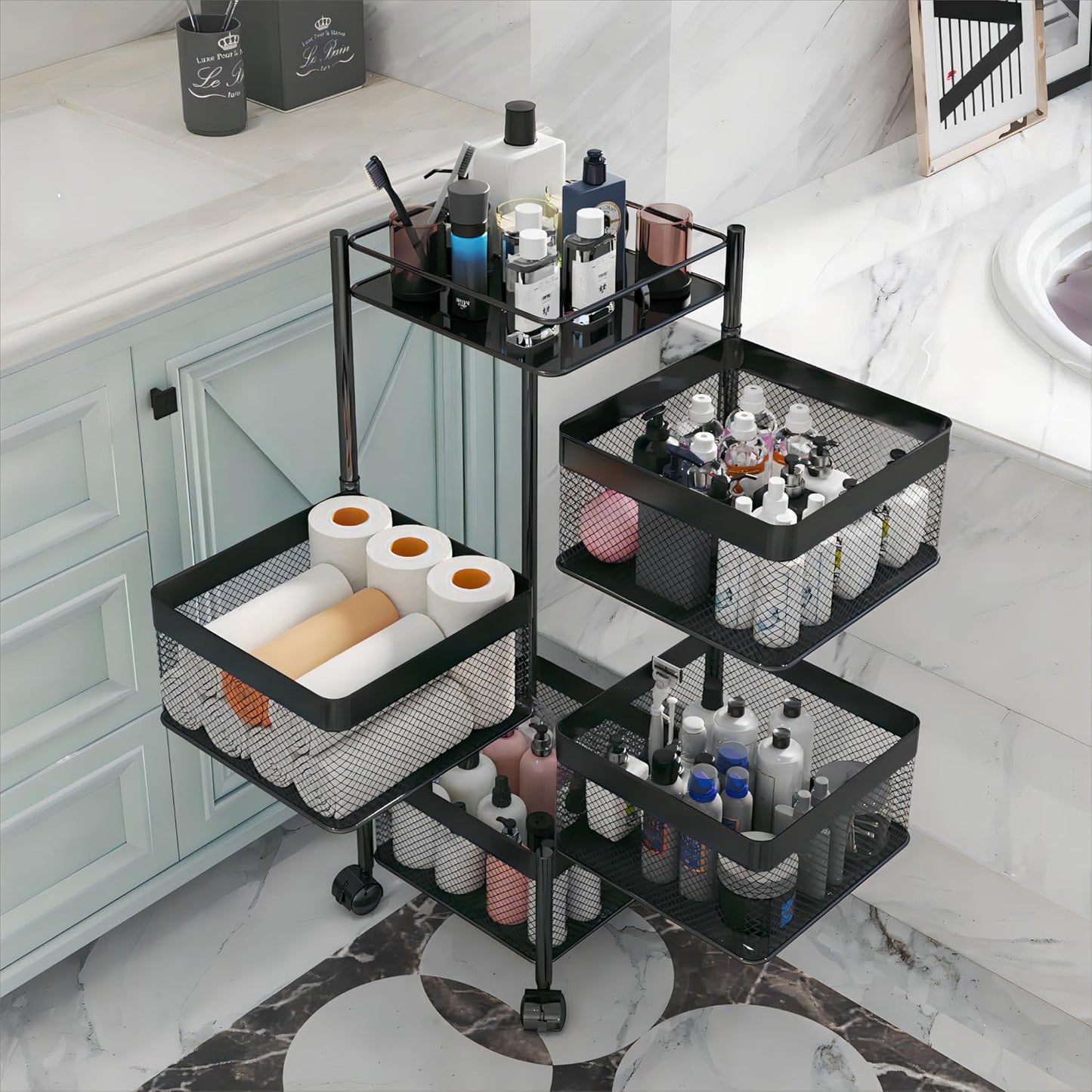 Fruit and Vegetable Basket for Kitchen No Assembly��� Rotating Kitchen Storage Rack,Bathroom Storage Shelf, Kitchen Organizers and Storage Cart on Rolling Wheels(Black, 5 Tier-Square)