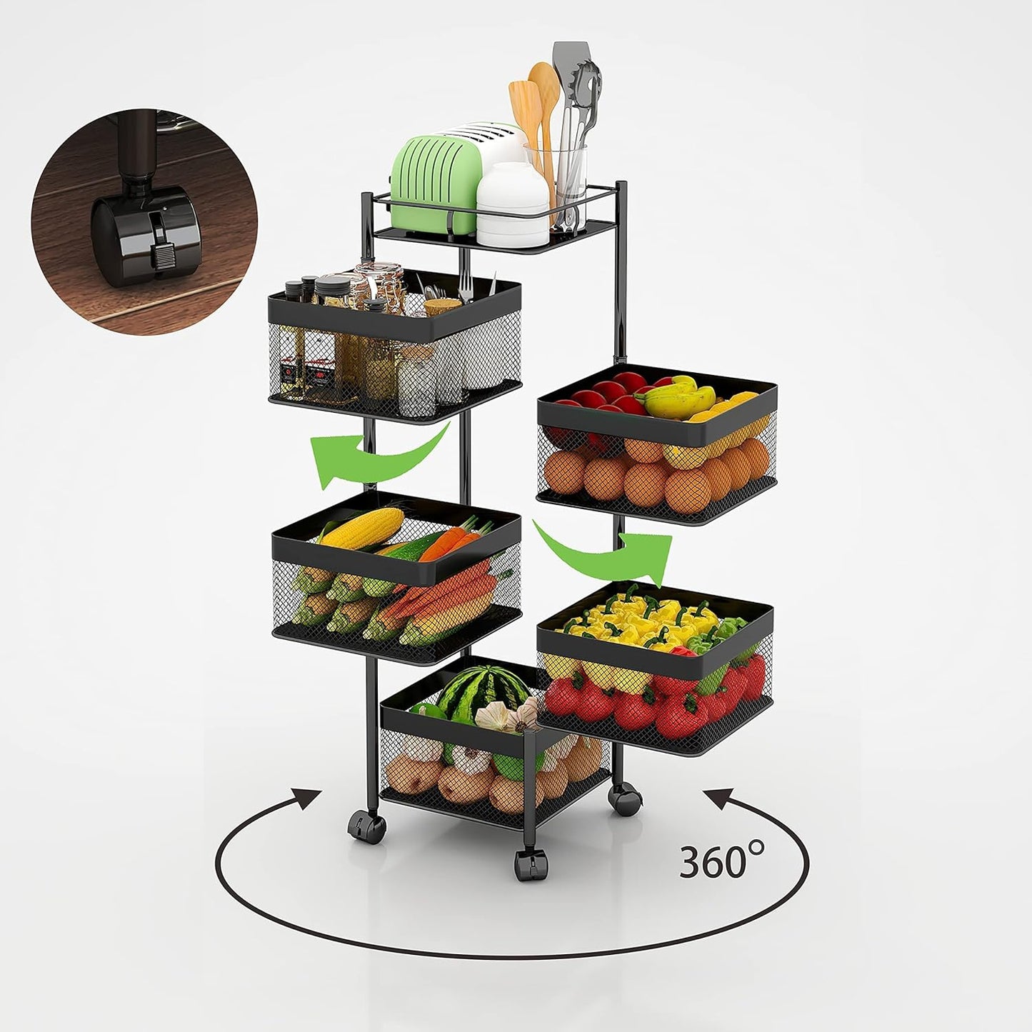 Fruit and Vegetable Basket for Kitchen No Assembly��� Rotating Kitchen Storage Rack,Bathroom Storage Shelf, Kitchen Organizers and Storage Cart on Rolling Wheels(Black, 5 Tier-Square)
