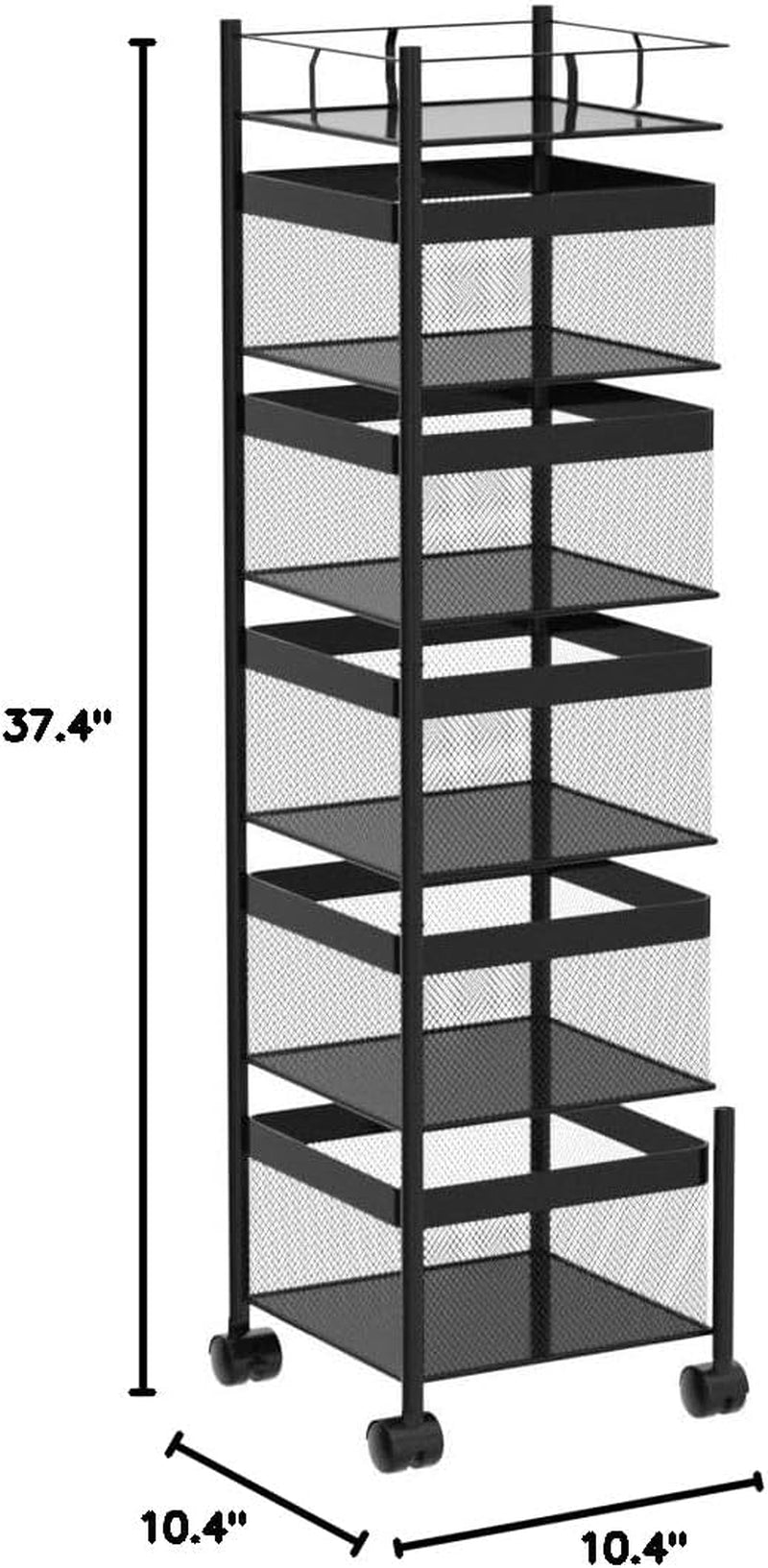 Fruit and Vegetable Basket for Kitchen No Assembly��� Rotating Kitchen Storage Rack,Bathroom Storage Shelf, Kitchen Organizers and Storage Cart on Rolling Wheels(Black, 5 Tier-Square)
