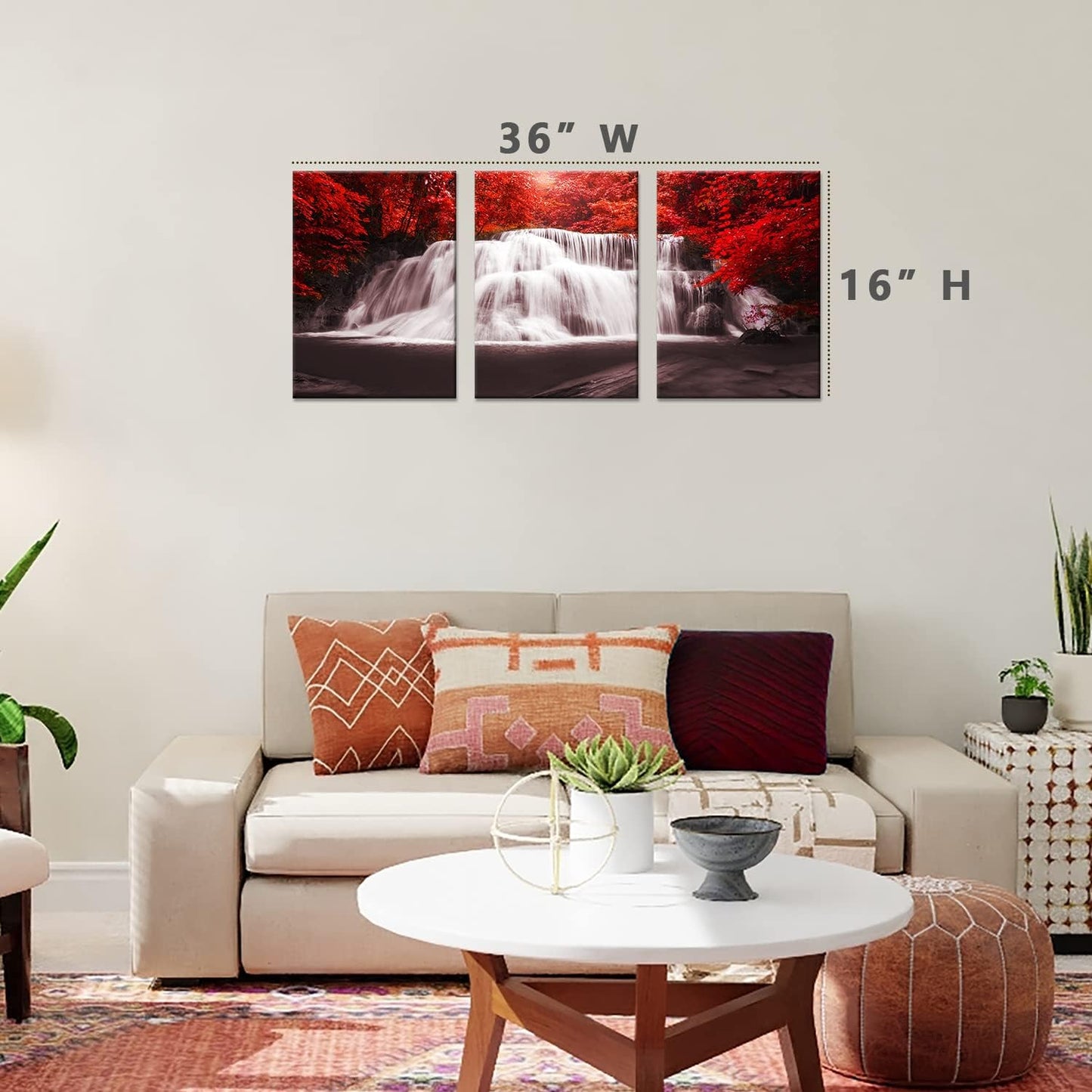 Waterfall - Wall Art Painting Black White Red Landscape Canvas Wall Art 3 Pieces,Red Trees Forest Picture Prints for Home-Office - Canvas Art Wall Art for Living Room 12X16Inchx3Pcs