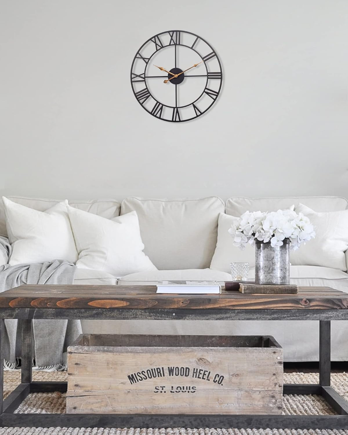 18 Inch Large Wall Clock, Silent Non Ticking Battery Operated Roman Numeral Wall Clock, Industrial Metal Indoor Outdoor Analog Clock for Living Room, Kitchen, Pool, Patio Decor - Black