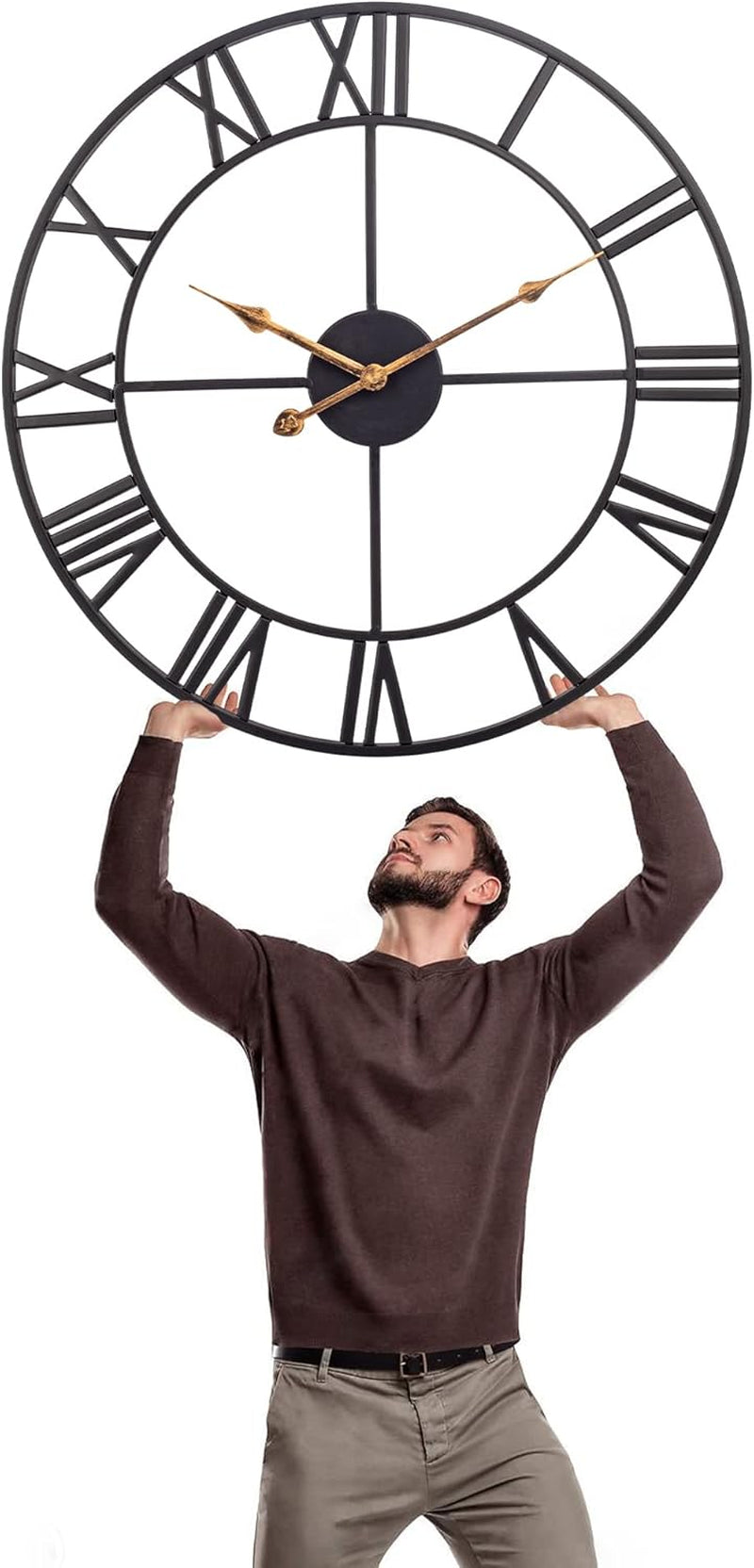 18 Inch Large Wall Clock, Silent Non Ticking Battery Operated Roman Numeral Wall Clock, Industrial Metal Indoor Outdoor Analog Clock for Living Room, Kitchen, Pool, Patio Decor - Black