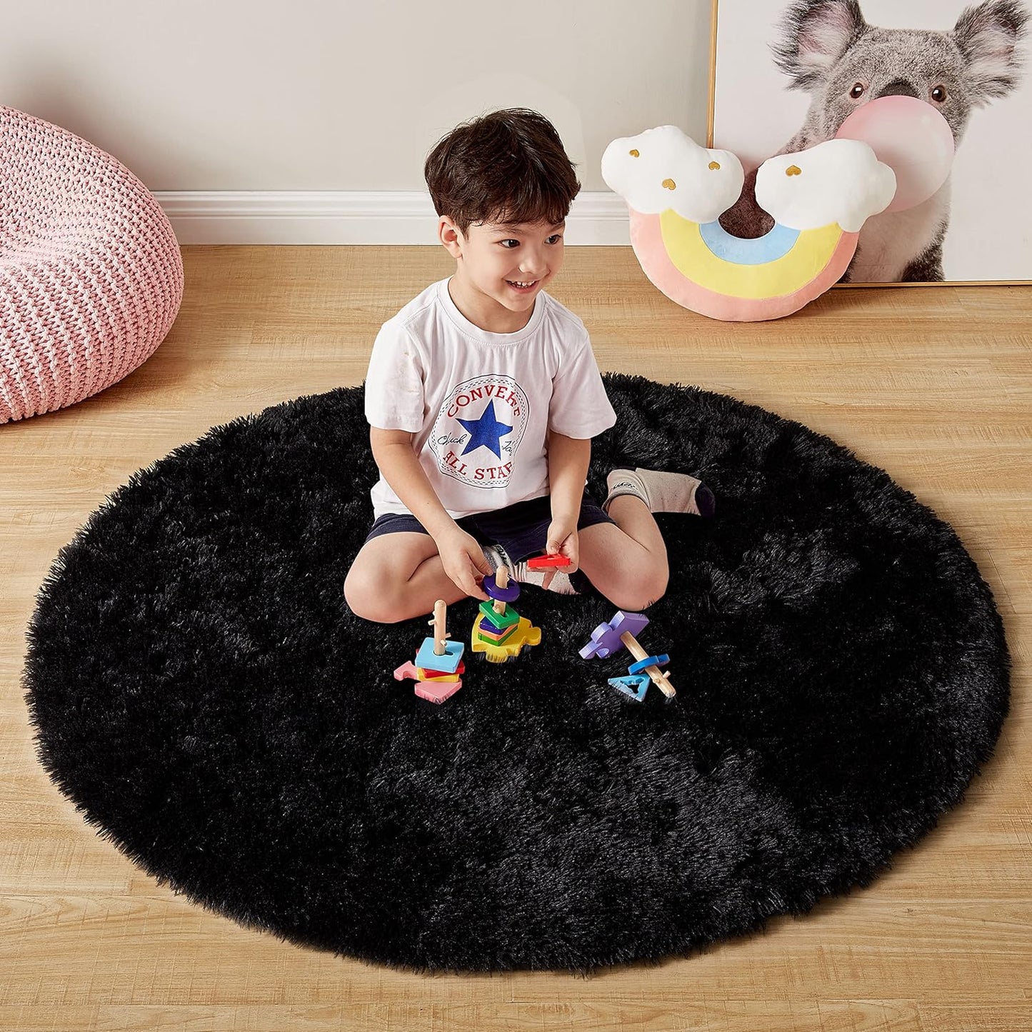 round Rainbow Rug, 4Ft Fluffy Shag Fuzzy Soft Circular Rug for Bedroom, Nursery, Kids Room, Indoor Plush Shaggy Furry Home Decor