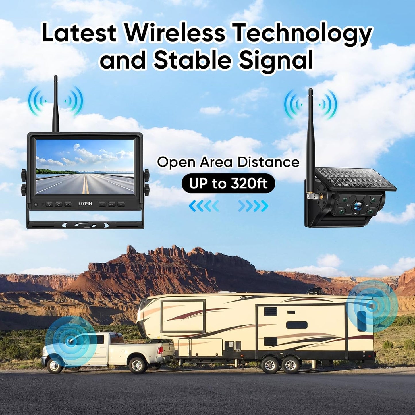 Solar Wireless Magnetic Backup Camera, 9900Mah Battery Powered Rechargeable IP69 Waterproof HD Back up Rear View Remote Control Camera with 7 Inch 1080P Monitor System for Car Truck Trailer RV VN003