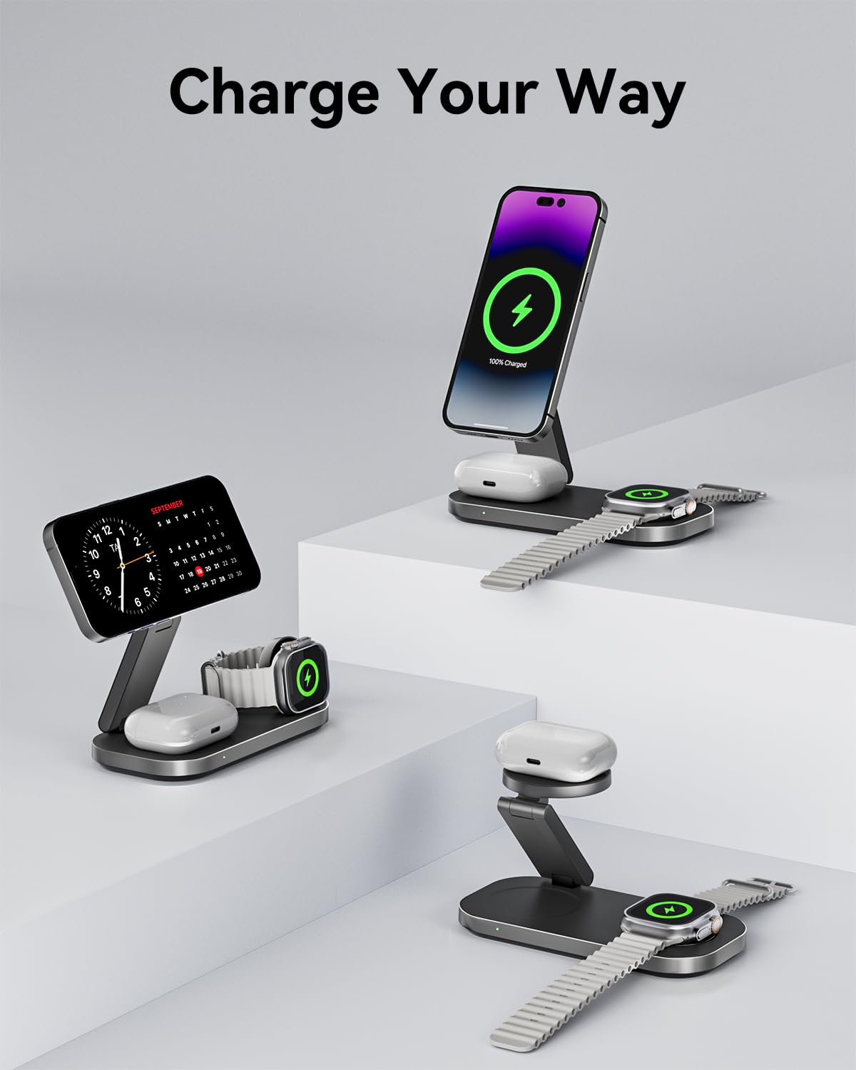 3 in 1 Wireless Charging Station for Apple Devices, Magnetic Foldable Fast Charger Stand Compatible with MagSafe for iPhone Air/17/16/15/14/13/12 Series, Apple Watch & AirPods Pro/4/3/2 - eighttwentytwo92