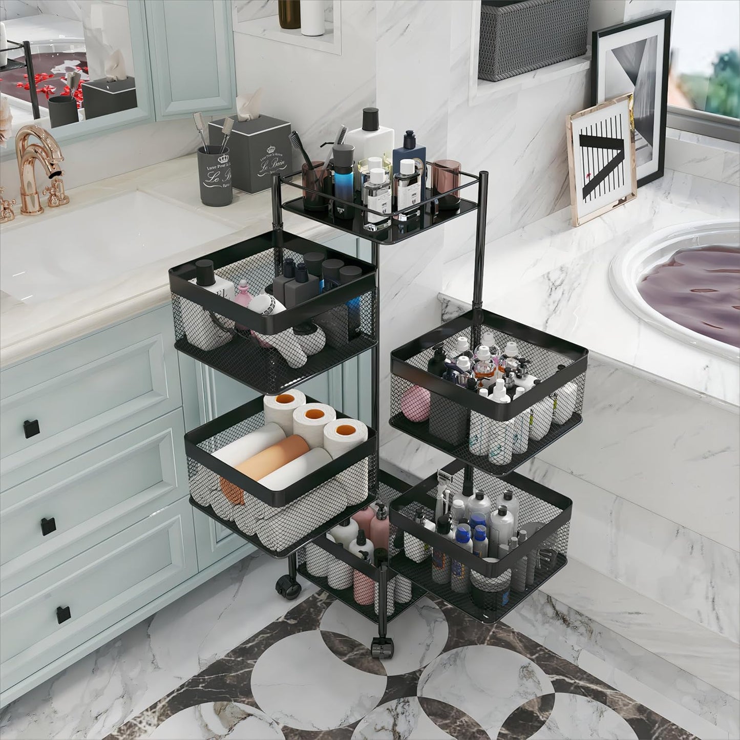 Fruit and Vegetable Basket for Kitchen No Assembly��� Rotating Kitchen Storage Rack,Bathroom Storage Shelf, Kitchen Organizers and Storage Cart on Rolling Wheels(Black, 5 Tier-Square)