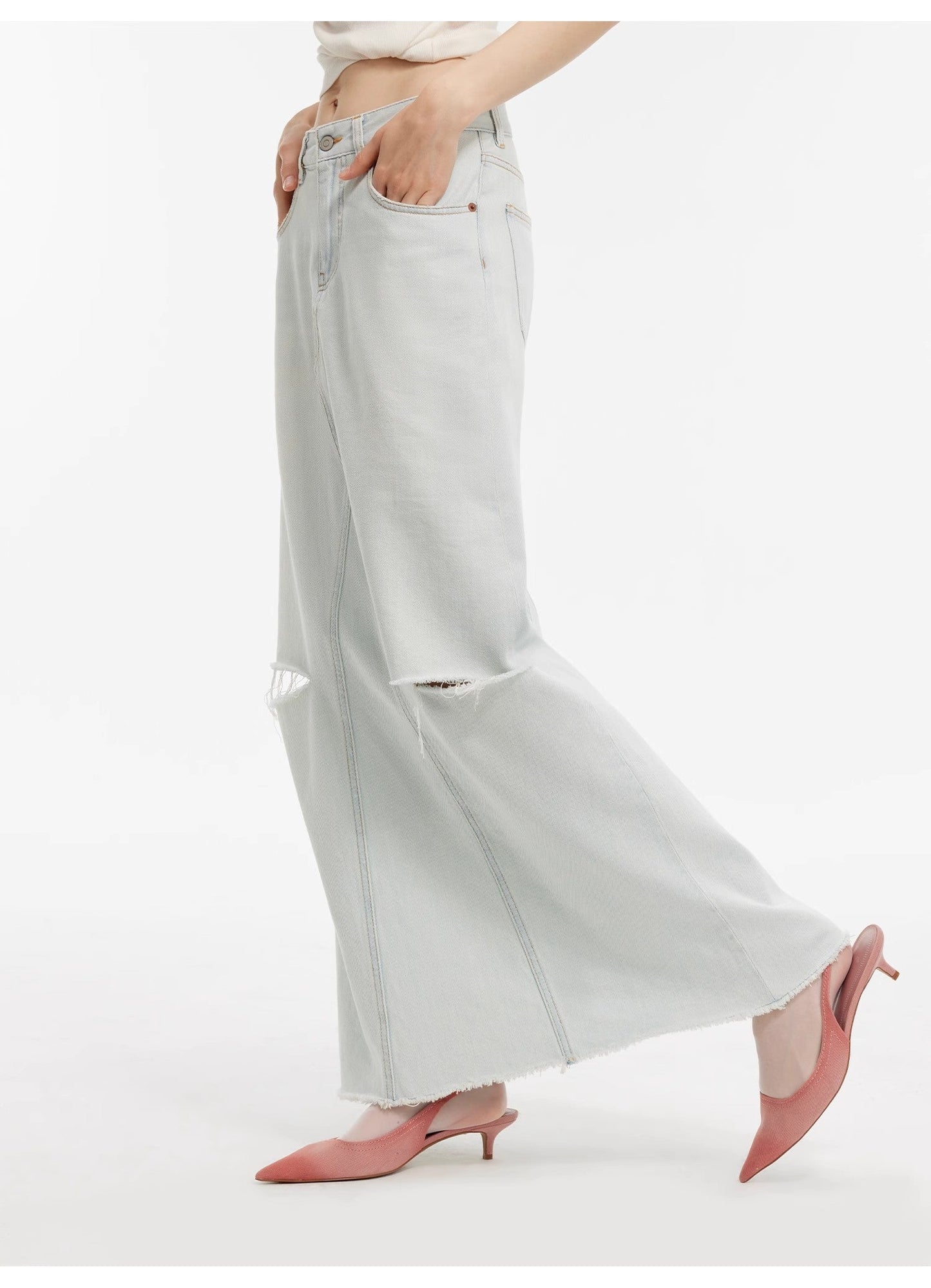 "Walden Pond" Turkish Imported Wash-Faded Distressed Hole Denim A-Line Skirt