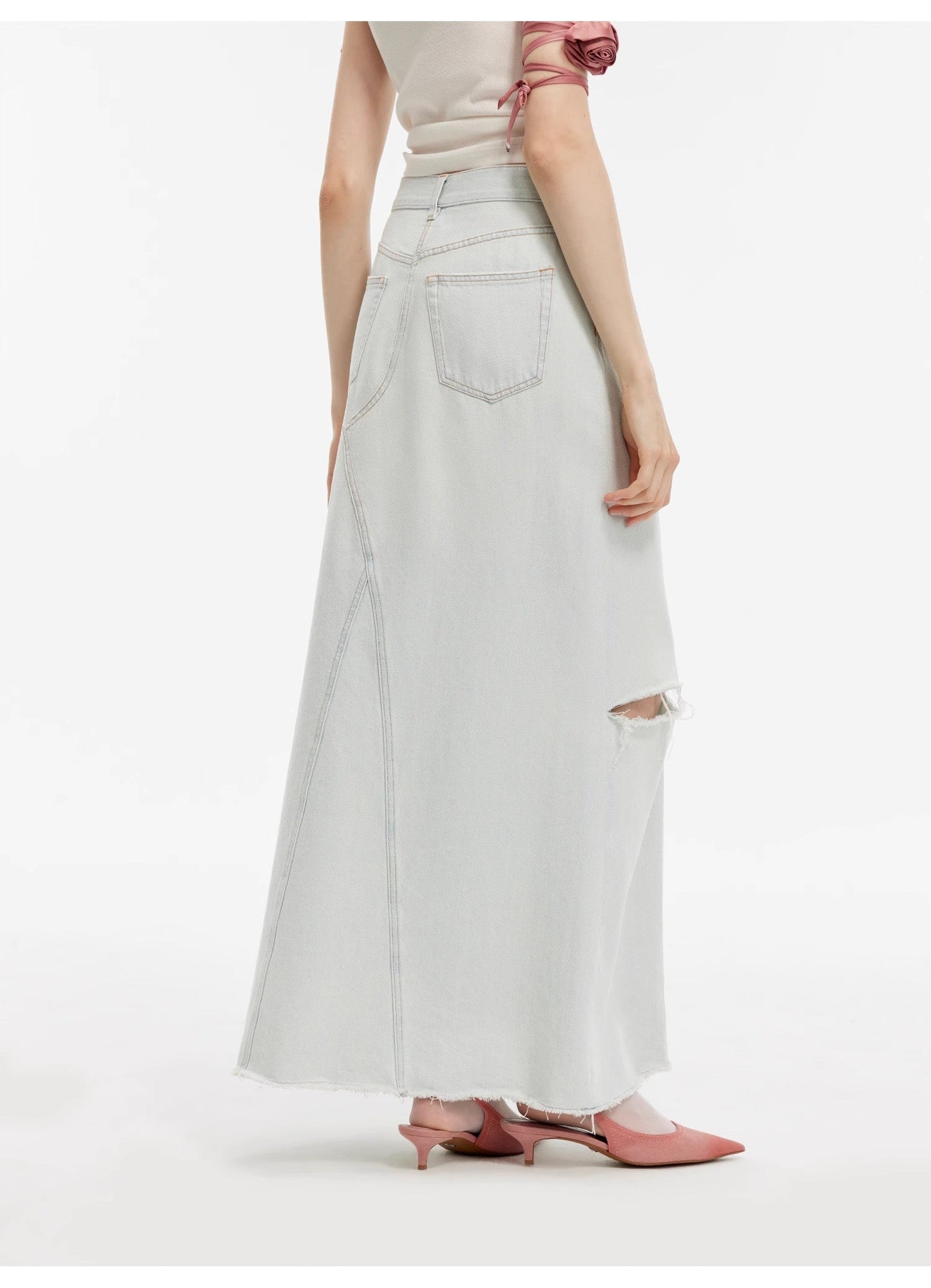 "Walden Pond" Turkish Imported Wash-Faded Distressed Hole Denim A-Line Skirt