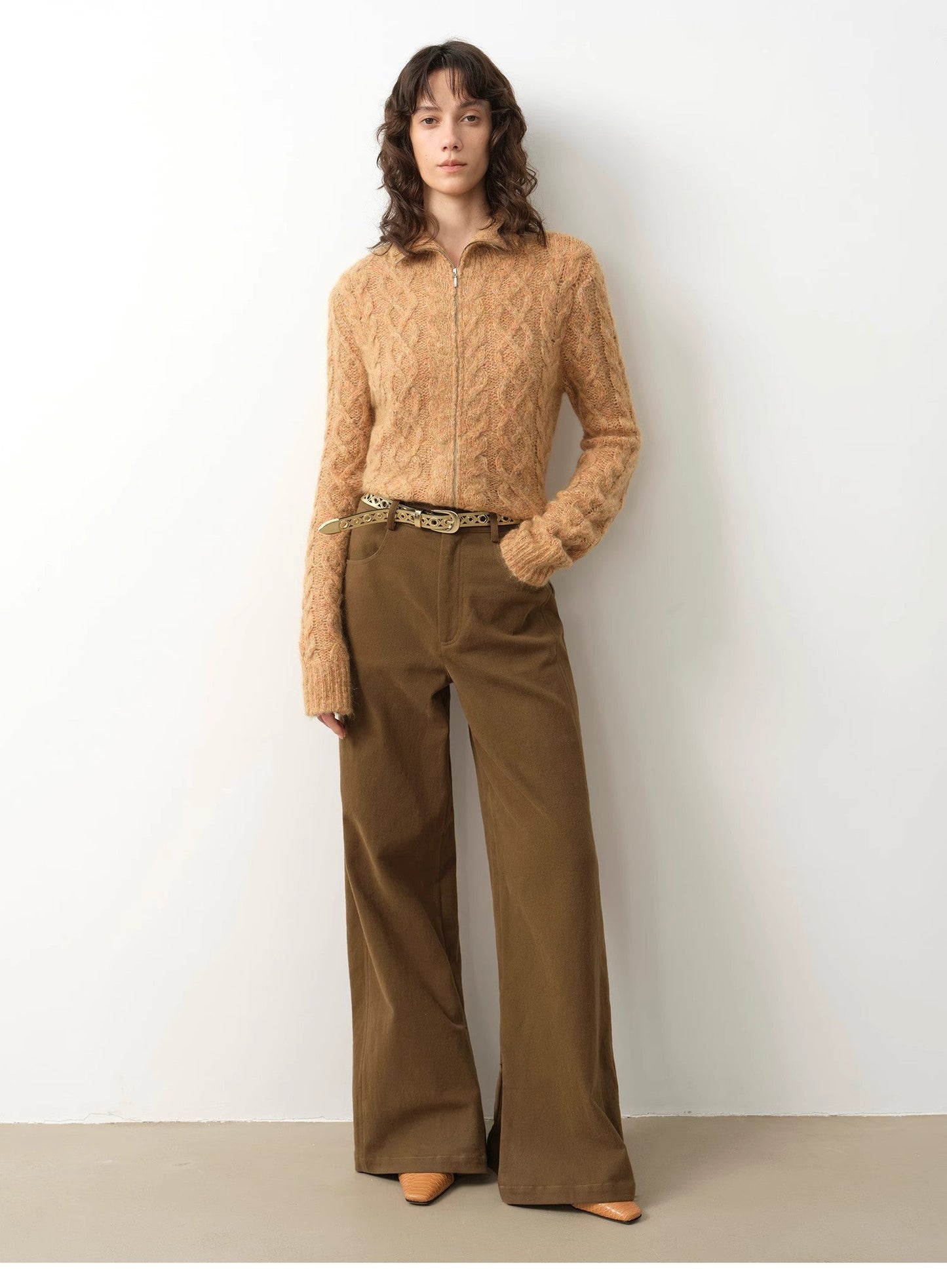 Fitted High-Neck Zipper Knit Cardigan – Angora Mohair Wool Blend, Slim Fit