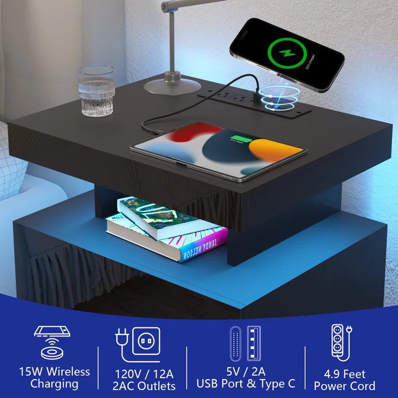 Brenard Manufactured Wood Nightstand with Wireless Charging Station, LED Light and 2 Drawers