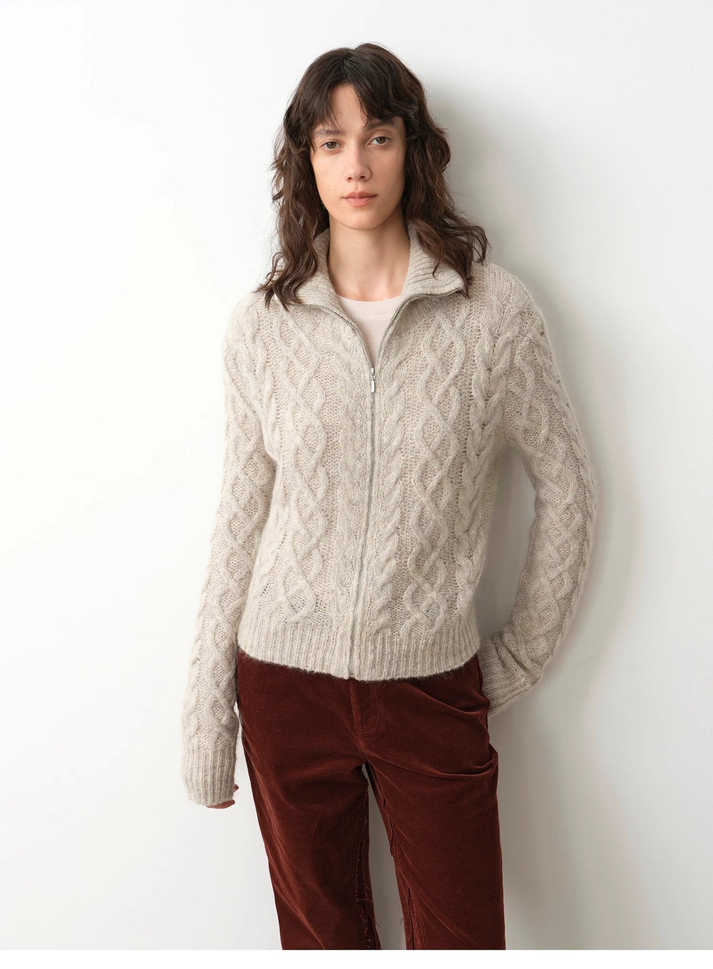 Fitted High-Neck Zipper Knit Cardigan – Angora Mohair Wool Blend, Slim Fit