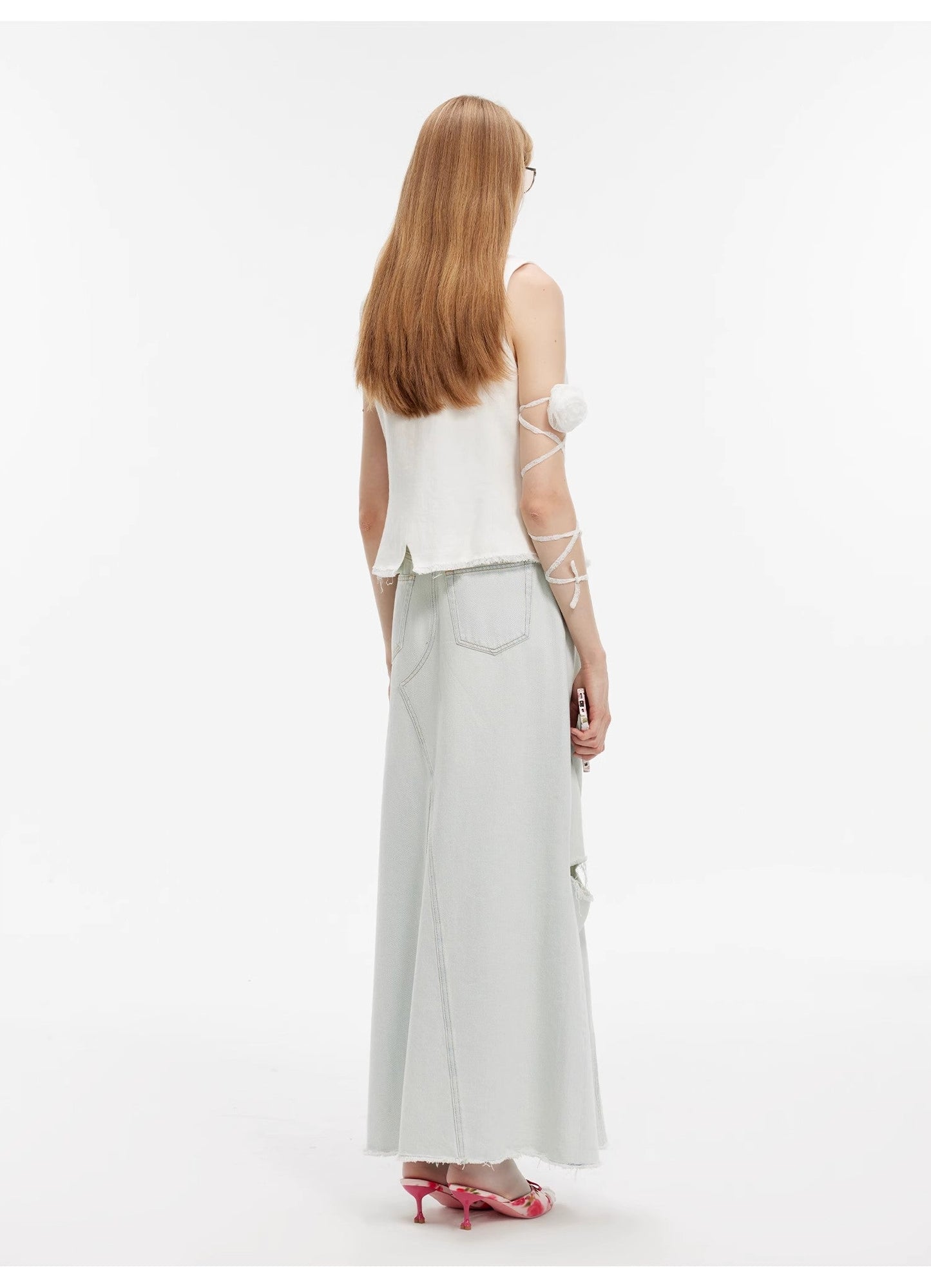 "Walden Pond" Turkish Imported Wash-Faded Distressed Hole Denim A-Line Skirt