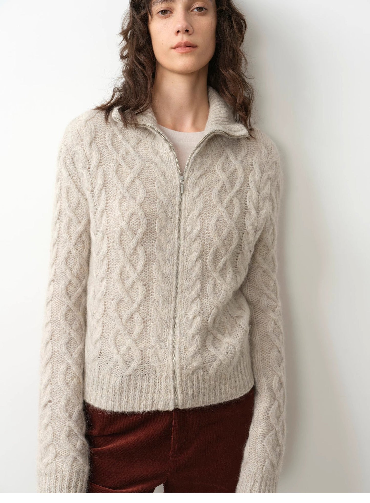 Fitted High-Neck Zipper Knit Cardigan – Angora Mohair Wool Blend, Slim Fit