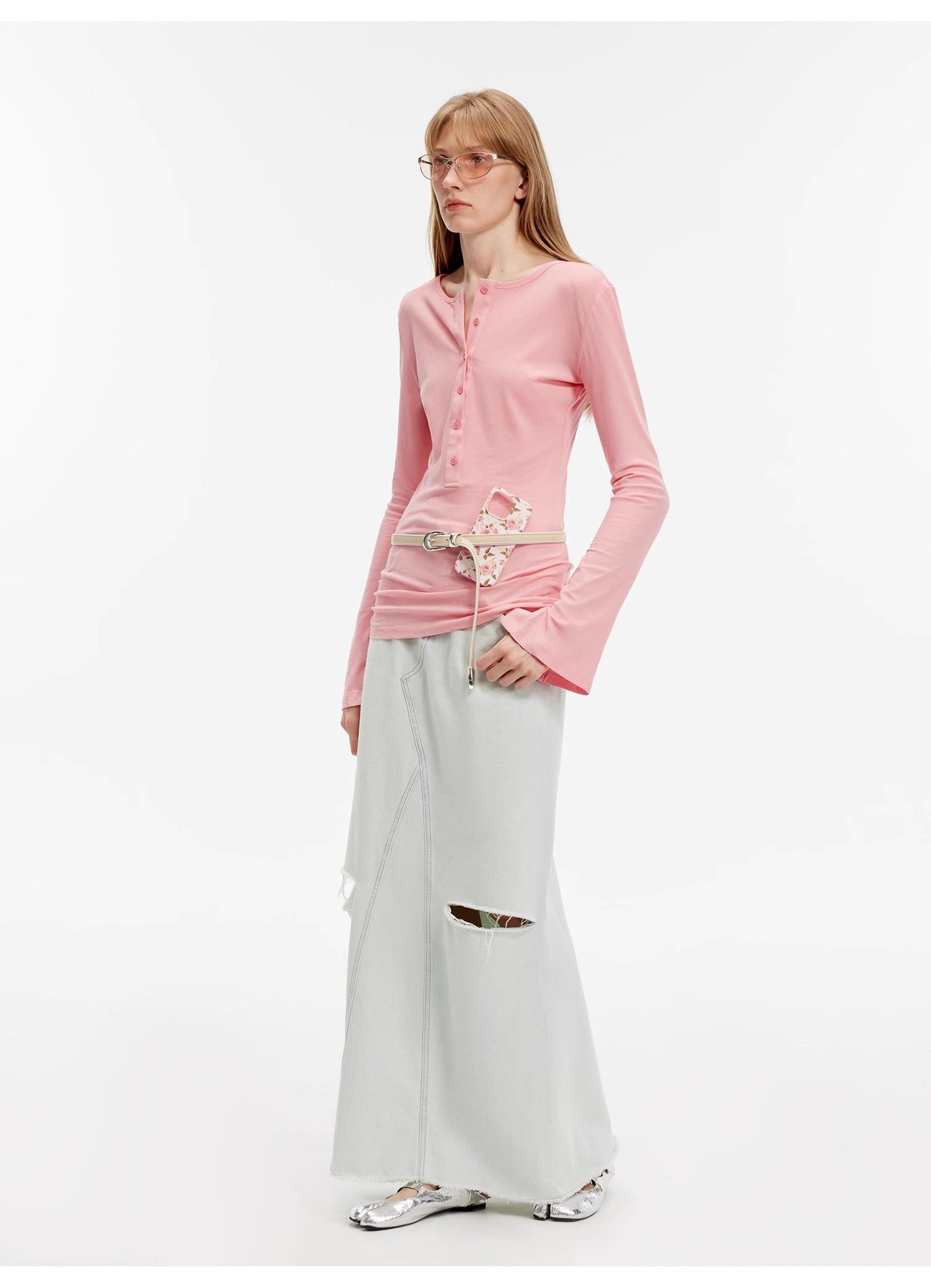 "Walden Pond" Turkish Imported Wash-Faded Distressed Hole Denim A-Line Skirt