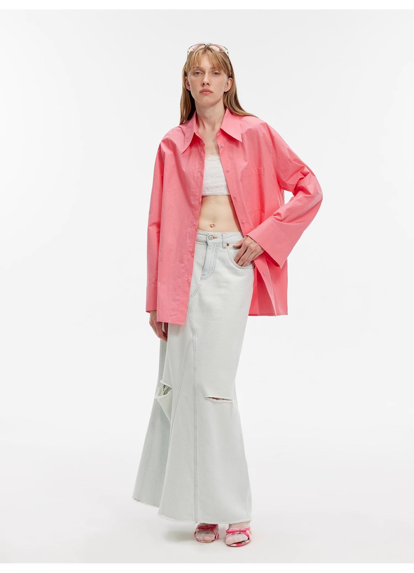 "Walden Pond" Turkish Imported Wash-Faded Distressed Hole Denim A-Line Skirt