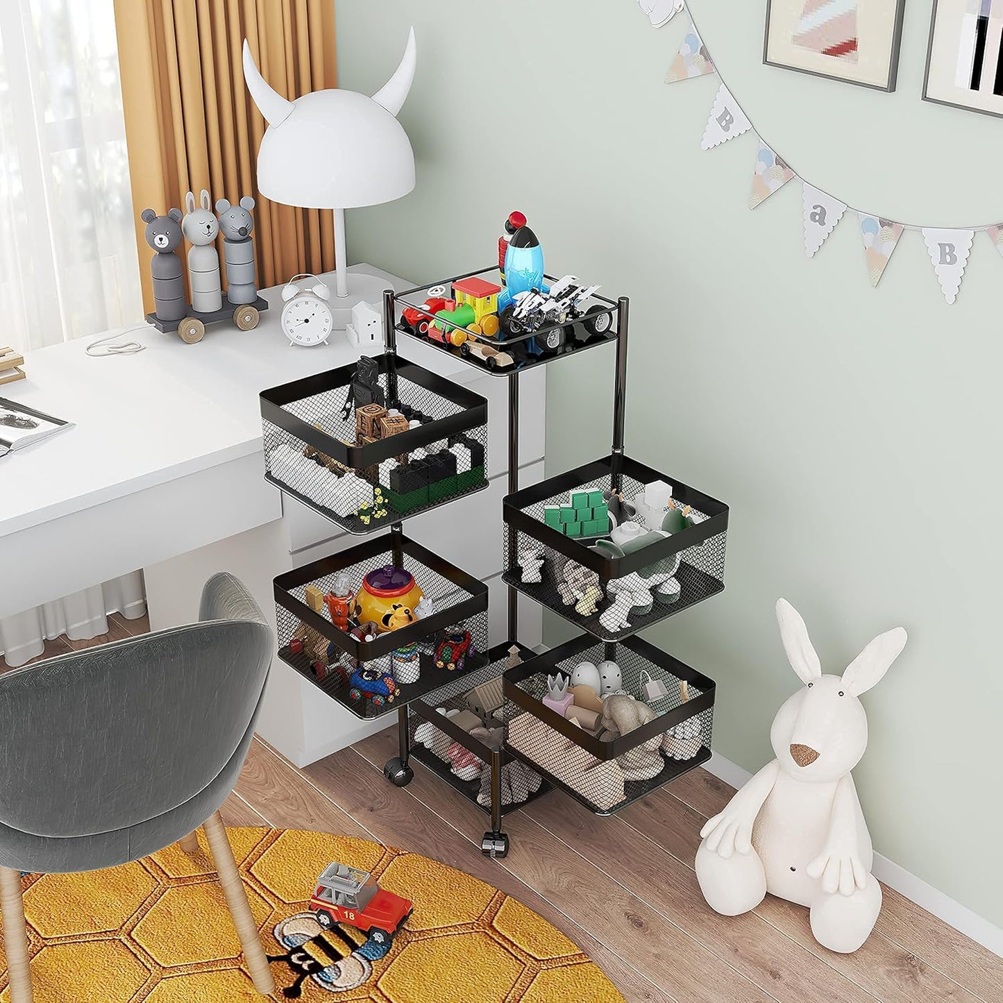 Fruit and Vegetable Basket for Kitchen No Assembly��� Rotating Kitchen Storage Rack,Bathroom Storage Shelf, Kitchen Organizers and Storage Cart on Rolling Wheels(Black, 5 Tier-Square)