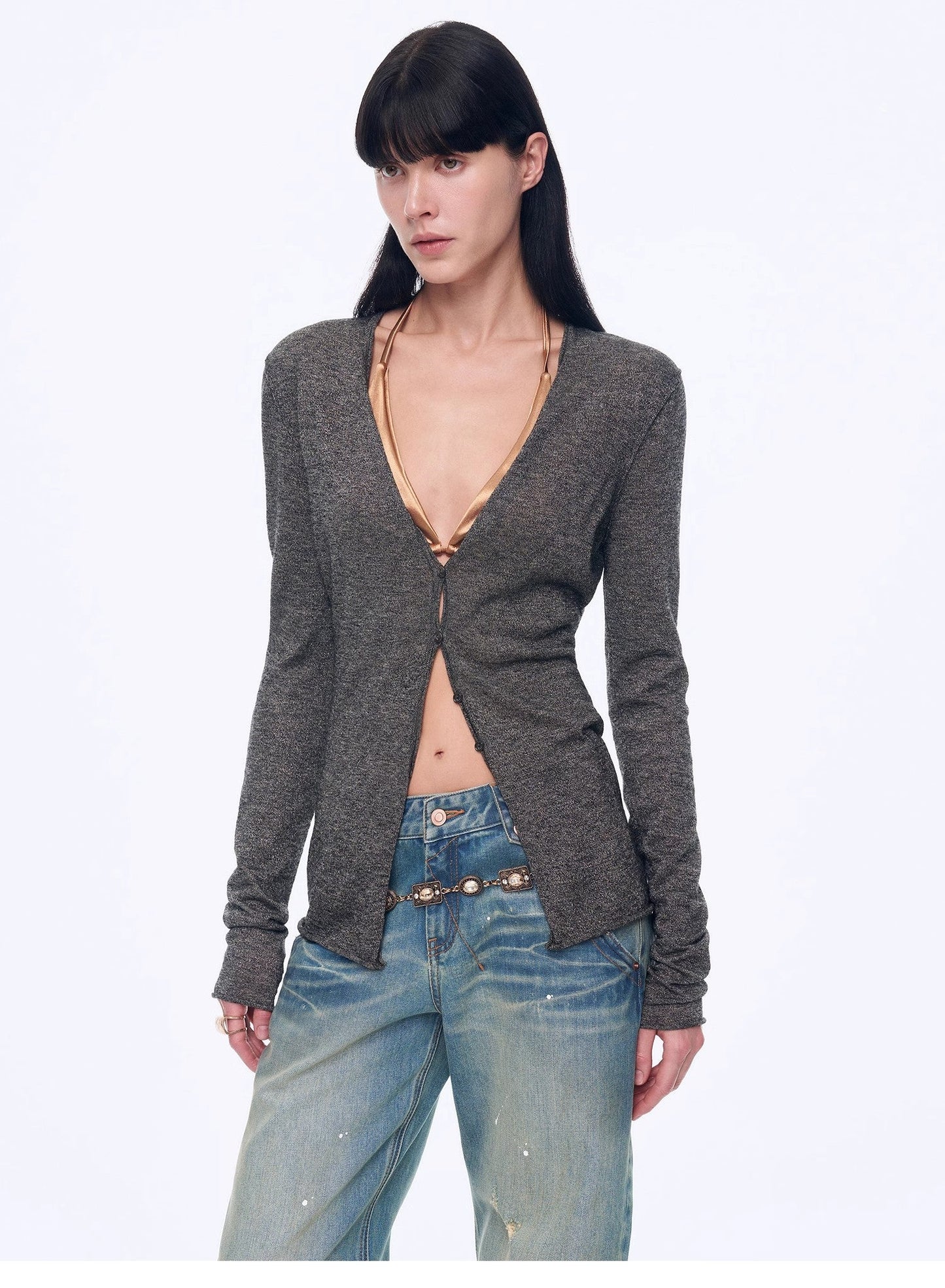"Long Island Vacation" Wool Blend V-Neck Straight Shoulder Knitted Cardigan Spring