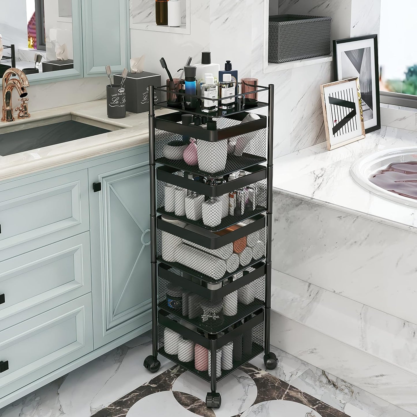 Fruit and Vegetable Basket for Kitchen No Assembly��� Rotating Kitchen Storage Rack,Bathroom Storage Shelf, Kitchen Organizers and Storage Cart on Rolling Wheels(Black, 5 Tier-Square)
