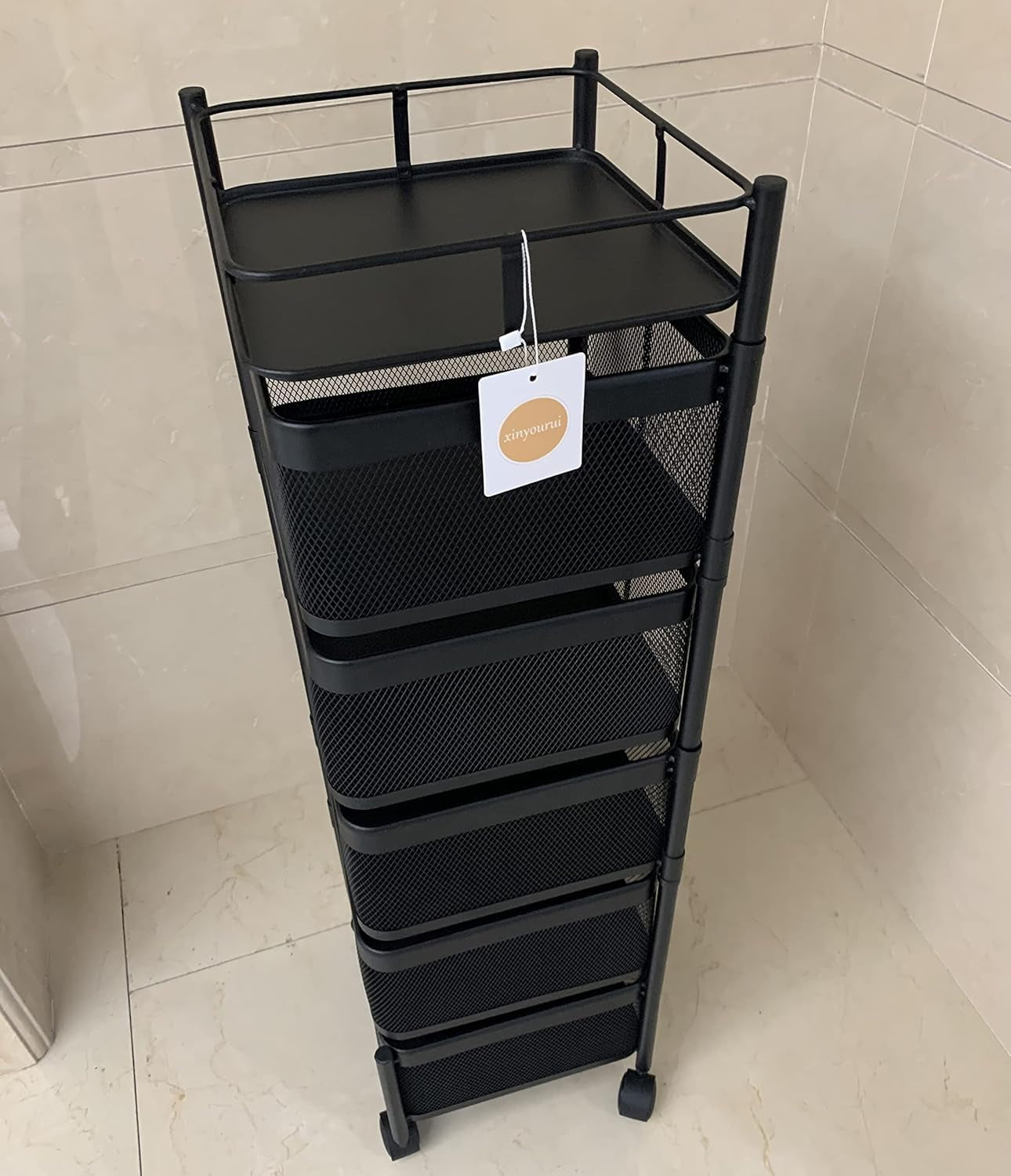 Fruit and Vegetable Basket for Kitchen No Assembly��� Rotating Kitchen Storage Rack,Bathroom Storage Shelf, Kitchen Organizers and Storage Cart on Rolling Wheels(Black, 5 Tier-Square)