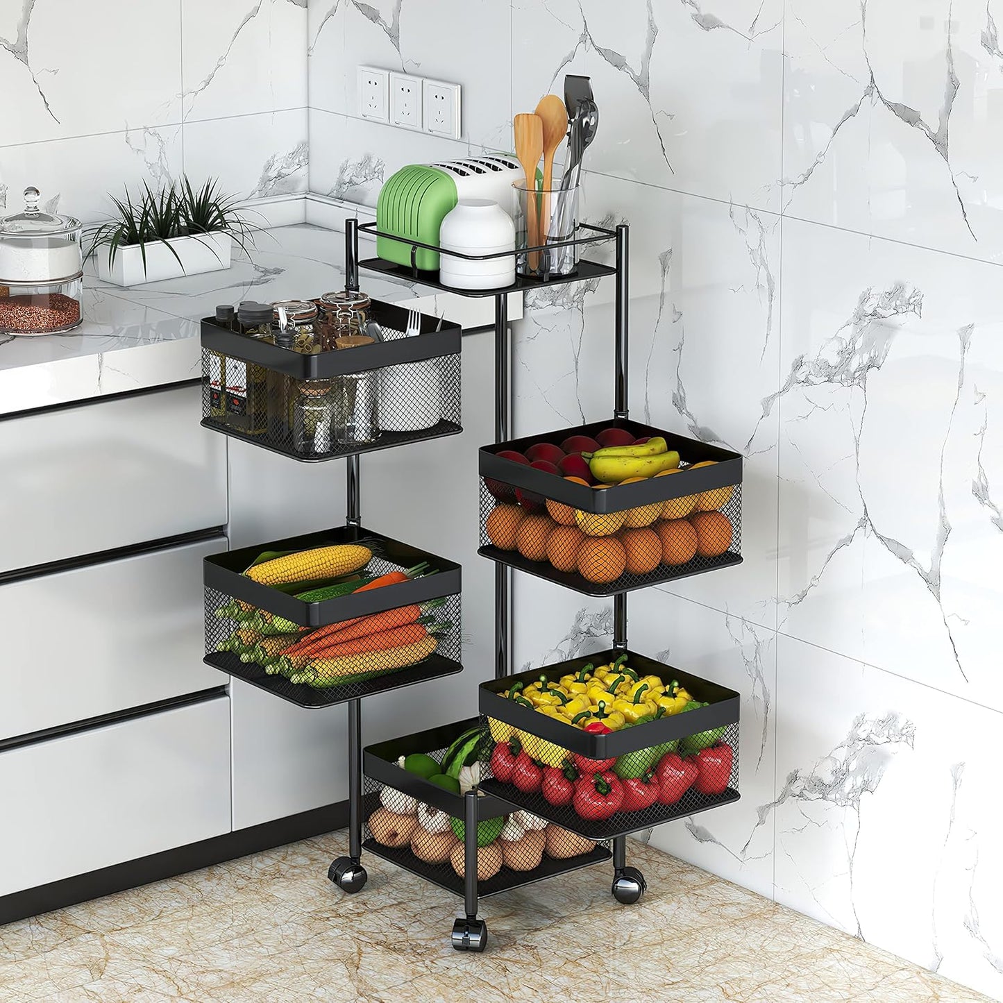 Fruit and Vegetable Basket for Kitchen No Assembly��� Rotating Kitchen Storage Rack,Bathroom Storage Shelf, Kitchen Organizers and Storage Cart on Rolling Wheels(Black, 5 Tier-Square)