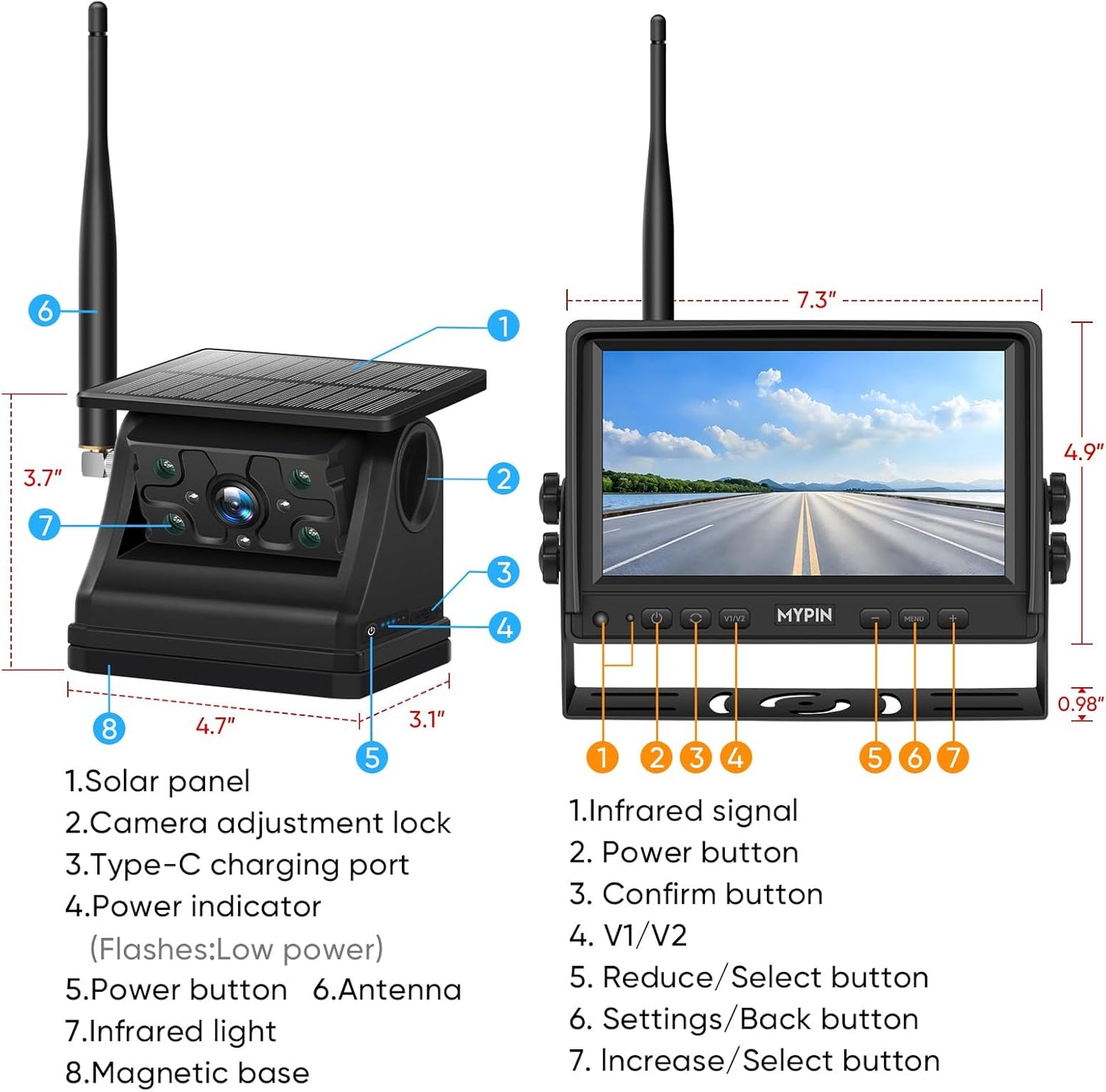 Solar Wireless Magnetic Backup Camera, 9900Mah Battery Powered Rechargeable IP69 Waterproof HD Back up Rear View Remote Control Camera with 7 Inch 1080P Monitor System for Car Truck Trailer RV VN003