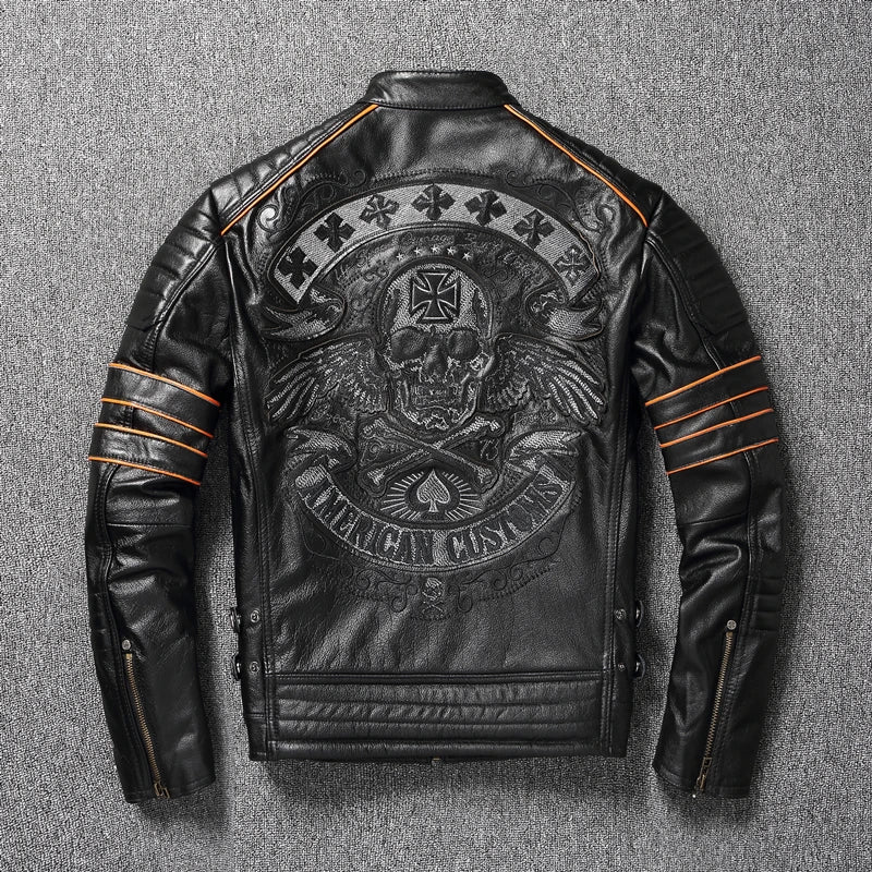 CC Shop.Brand Skull Cowhide coat.Y2K Black Slim Genuine Leather Jacket,Rider Leather cloth.Chaqueta De Cuero Esqueleto