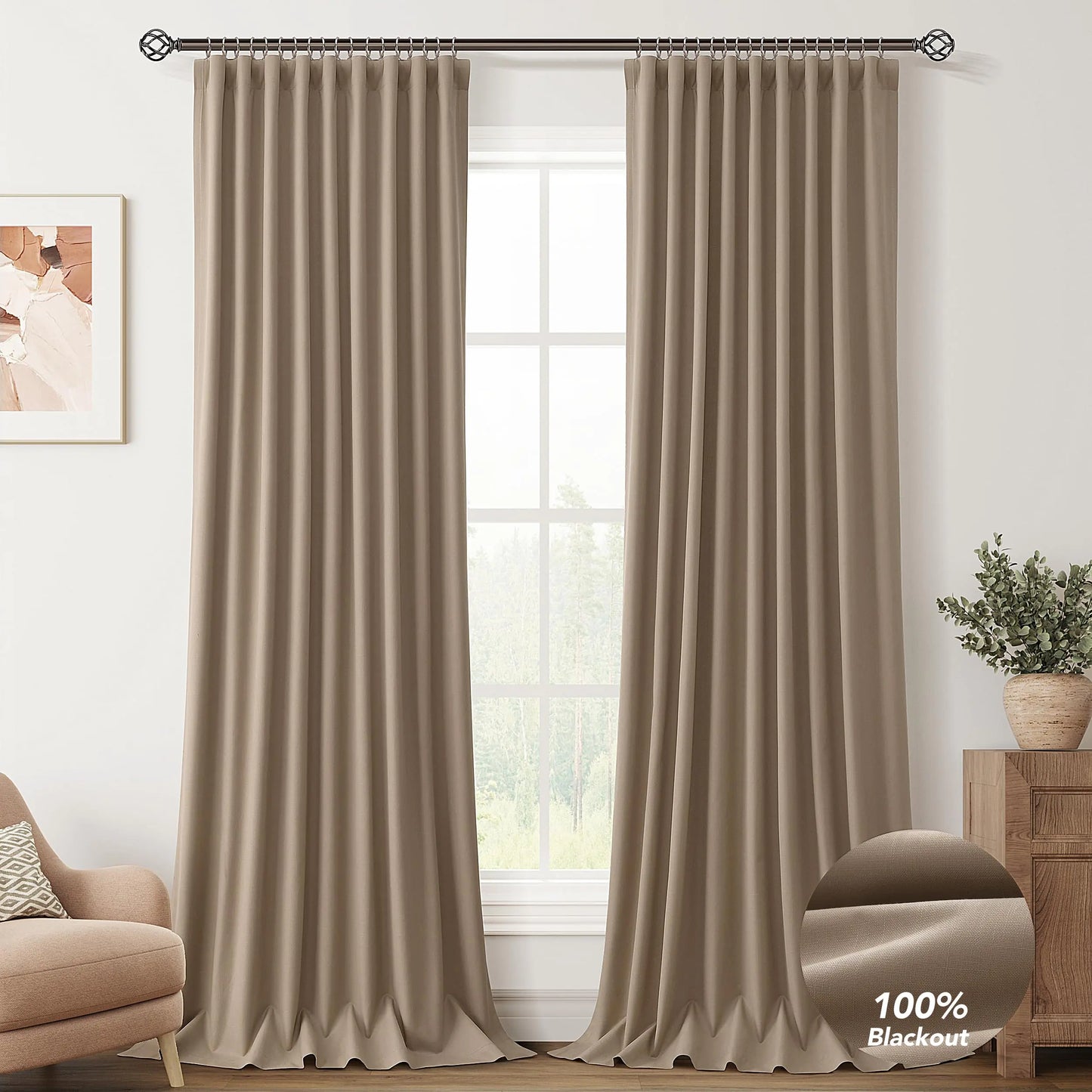 Tan Linen Blackout Curtains for Bedroom 120 Inch Length 2 Panels Set Back Tab Pocket Neutral Farmhouse Living Room Darkening Curtains Track System Thermal Insulated Black Out Drapes 52x120