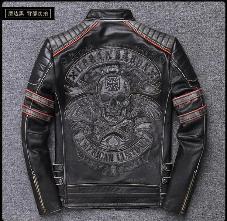 CC Shop.Brand Skull Cowhide coat.Y2K Black Slim Genuine Leather Jacket,Rider Leather cloth.Chaqueta De Cuero Esqueleto