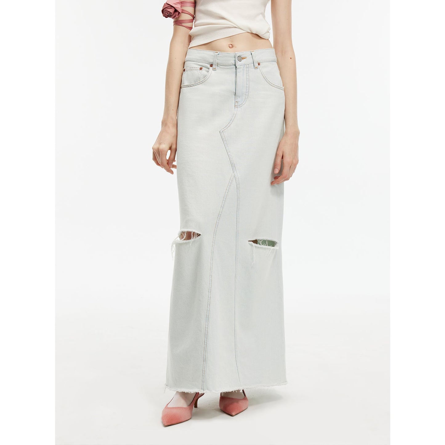 "Walden Pond" Turkish Imported Wash-Faded Distressed Hole Denim A-Line Skirt