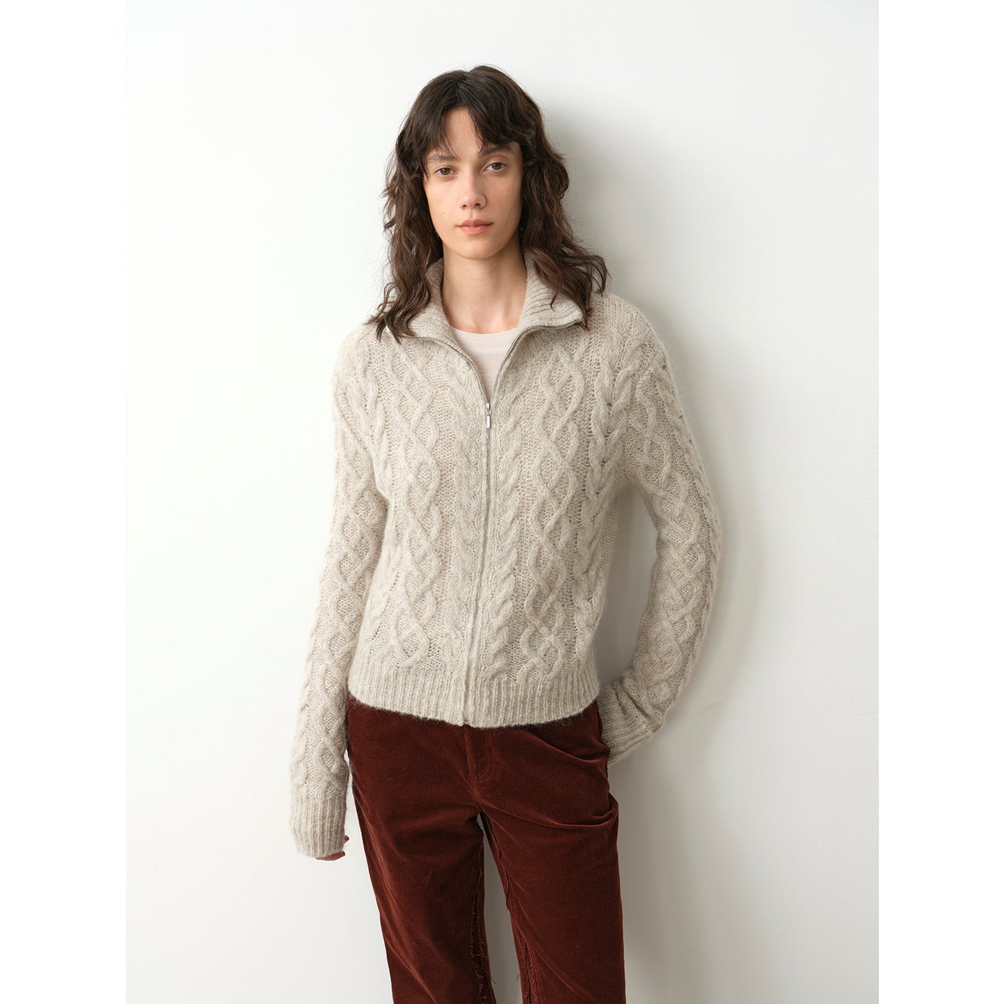 Fitted High-Neck Zipper Knit Cardigan – Angora Mohair Wool Blend, Slim Fit