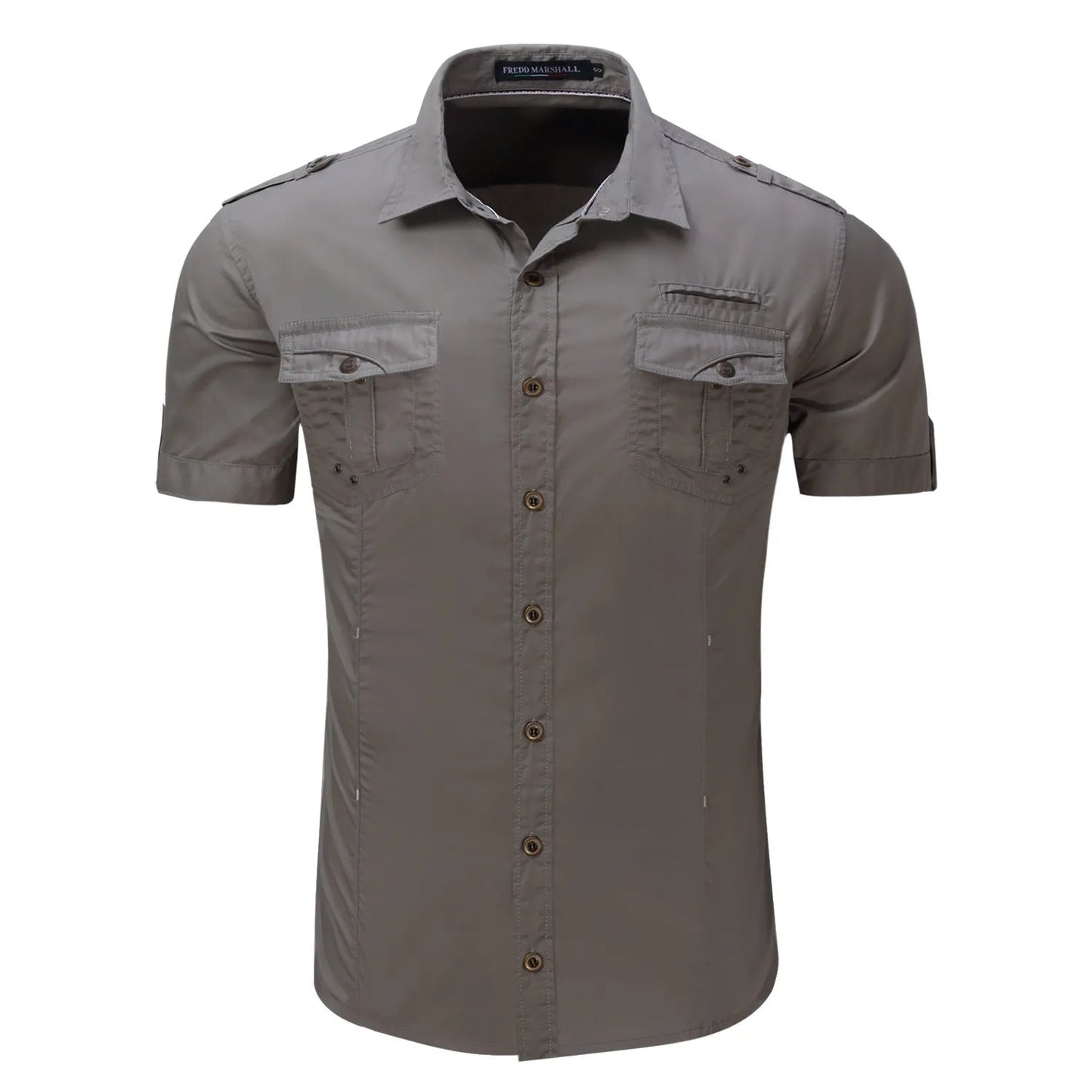 Black short sleeve men's button-down shirt with military-inspired design