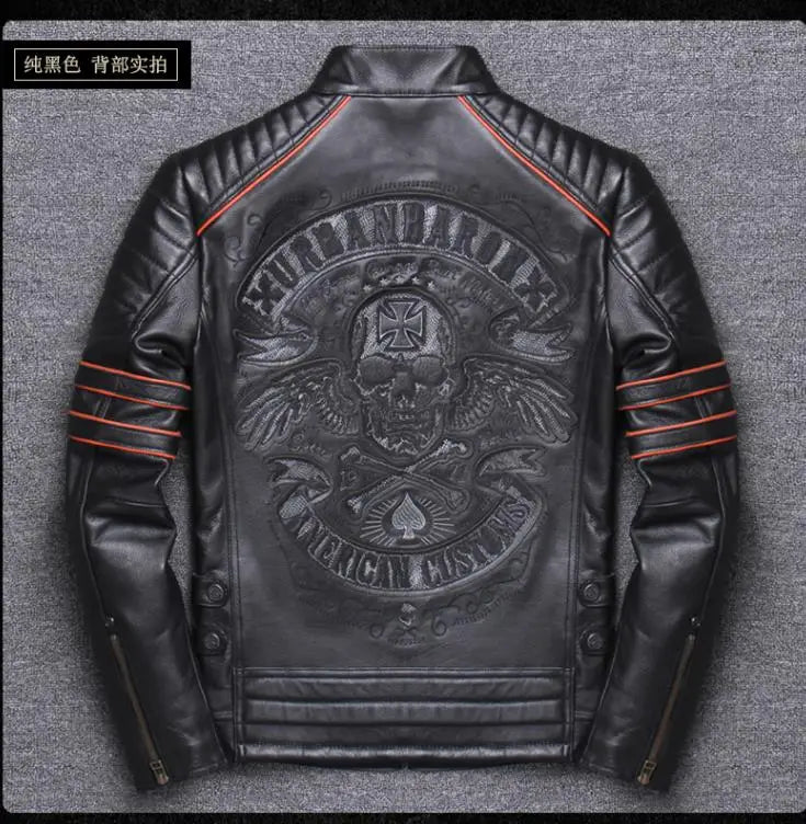 CC Shop.Brand Skull Cowhide coat.Y2K Black Slim Genuine Leather Jacket,Rider Leather cloth.Chaqueta De Cuero Esqueleto