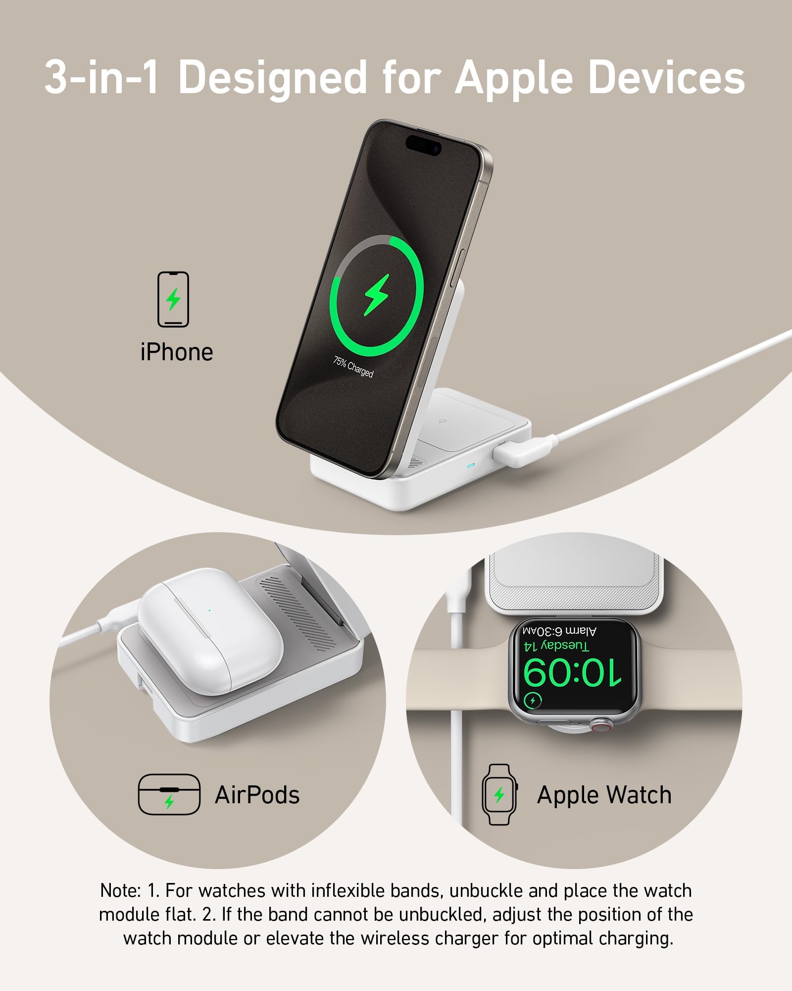 Anker MagGo 3 in 1 iPhone 17 Charging Station, MagSafe - Compatible Wireless Charger Stand, Qi2 Certified 15W Foldable Charger for iPhone 17/16/15/14/13/12, AirPods, Apple Watch Ultra(Adapter Included) - eighttwentytwo92