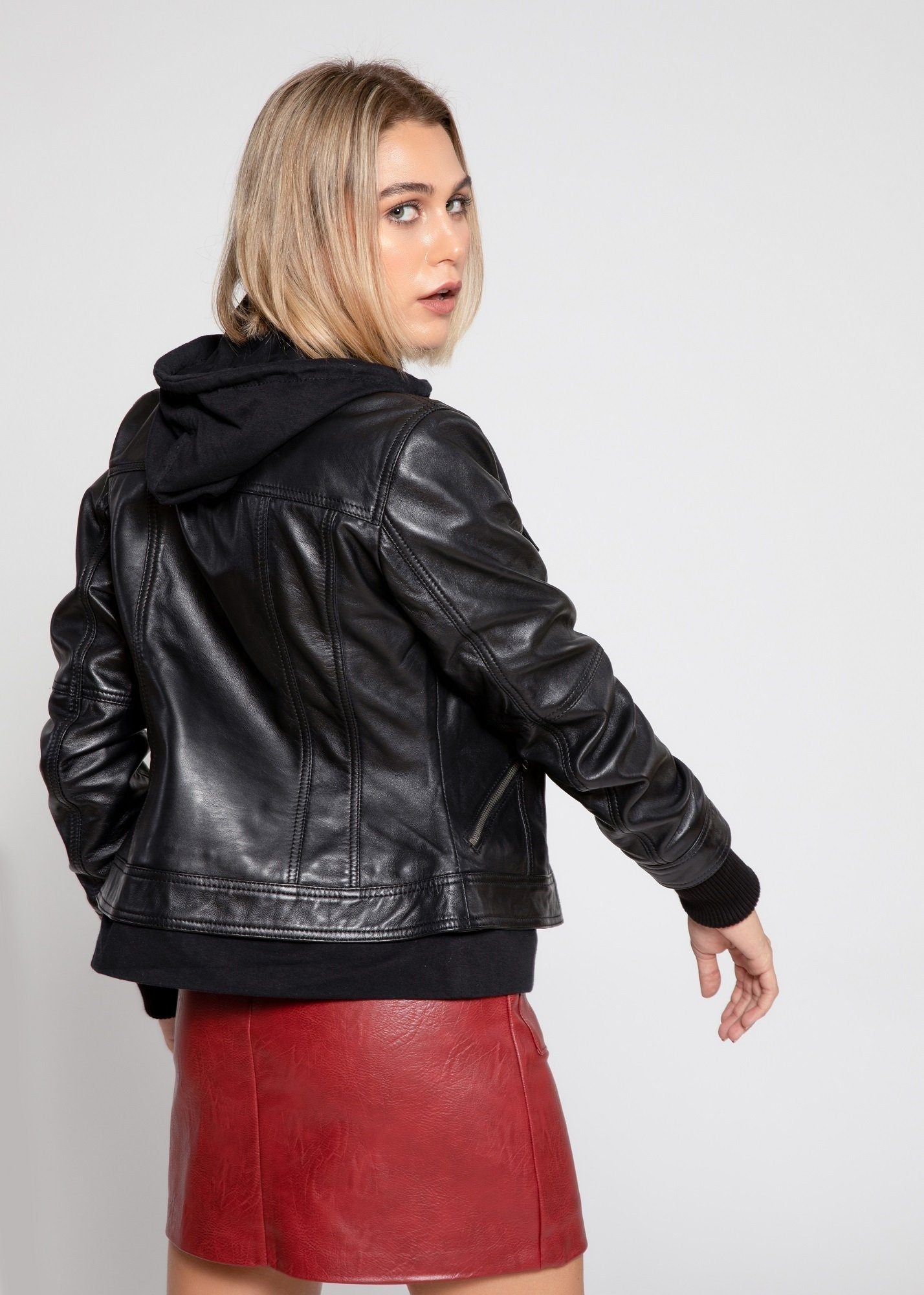 Annalise Black Lambskin Hooded Leather Jacket | Fleece Lined - eighttwentytwo92