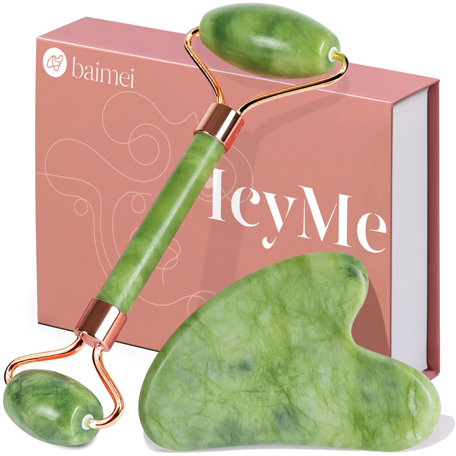 BAIMEI IcyMe Gua Sha & Jade Roller Facial Tools Face Roller and Gua Sha Set for Puffiness and Redness Reducing Skin Care Routine, Self Care Gift for Men Women - Green - eighttwentytwo92