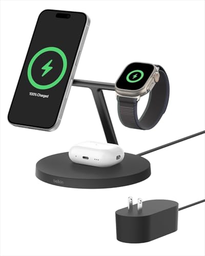 Belkin MagSafe - Compatible Charger, 3 - in - 1 Wireless Charging Station, Qi2 - Certified 15W Wireless Charge for Apple iPhone 17 Series, Apple Watch, AirPods w/Non - Slip Base, 40W Included - Black - eighttwentytwo92