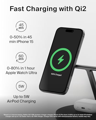 Belkin MagSafe - Compatible Charger, 3 - in - 1 Wireless Charging Station, Qi2 - Certified 15W Wireless Charge for Apple iPhone 17 Series, Apple Watch, AirPods w/Non - Slip Base, 40W Included - Black - eighttwentytwo92