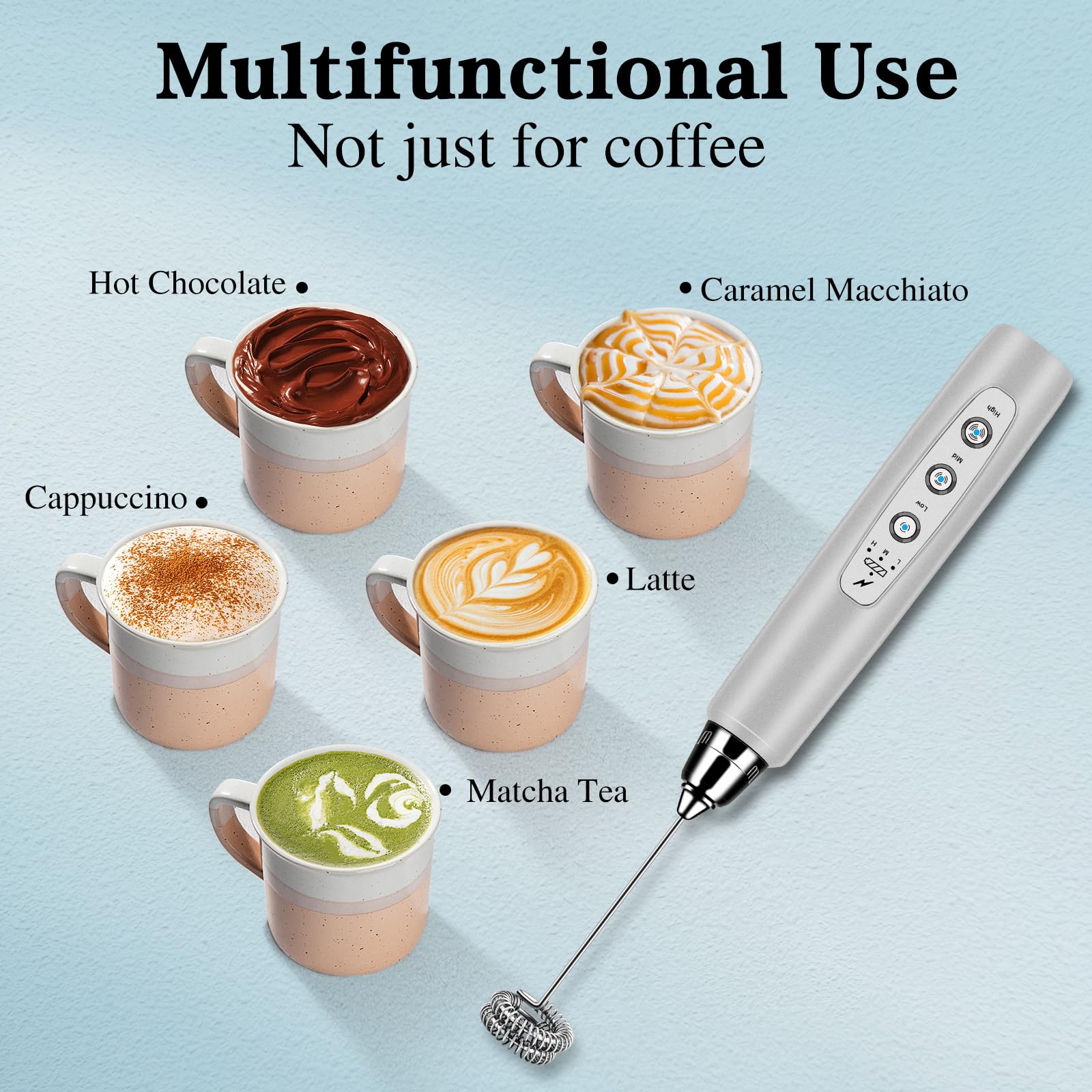 BSRGMS Milk Frother Handheld for Coffee, Electric Whisk 3 Speed Adjustable, Drink Mixer with Stainless 3 Whisks, Rechargeable Hand Frother Wand, Foam Maker for Latte Cappuccino Matcha Egg Silver - eighttwentytwo92