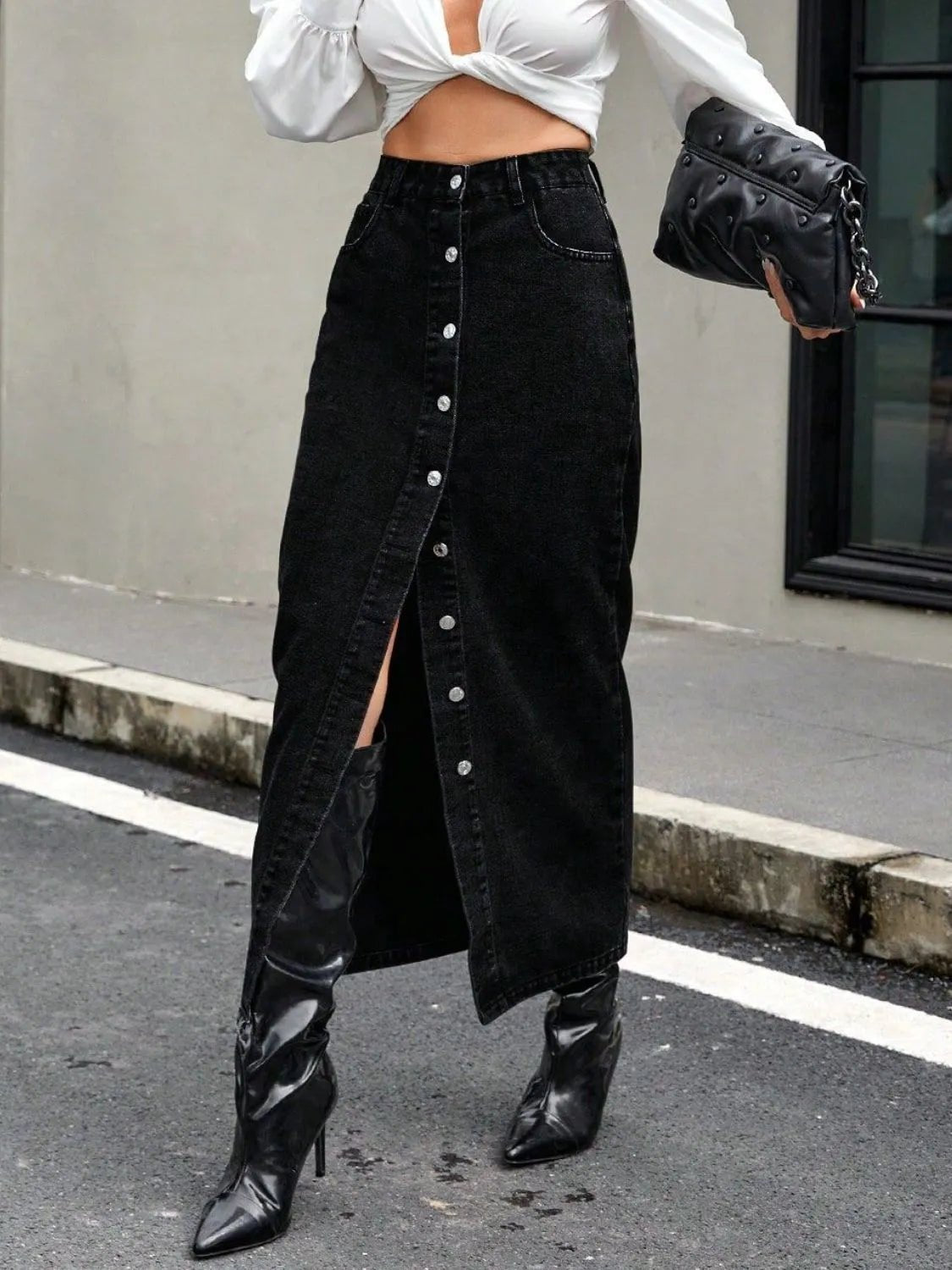 Button Front Denim Skirt - eighttwentytwo92