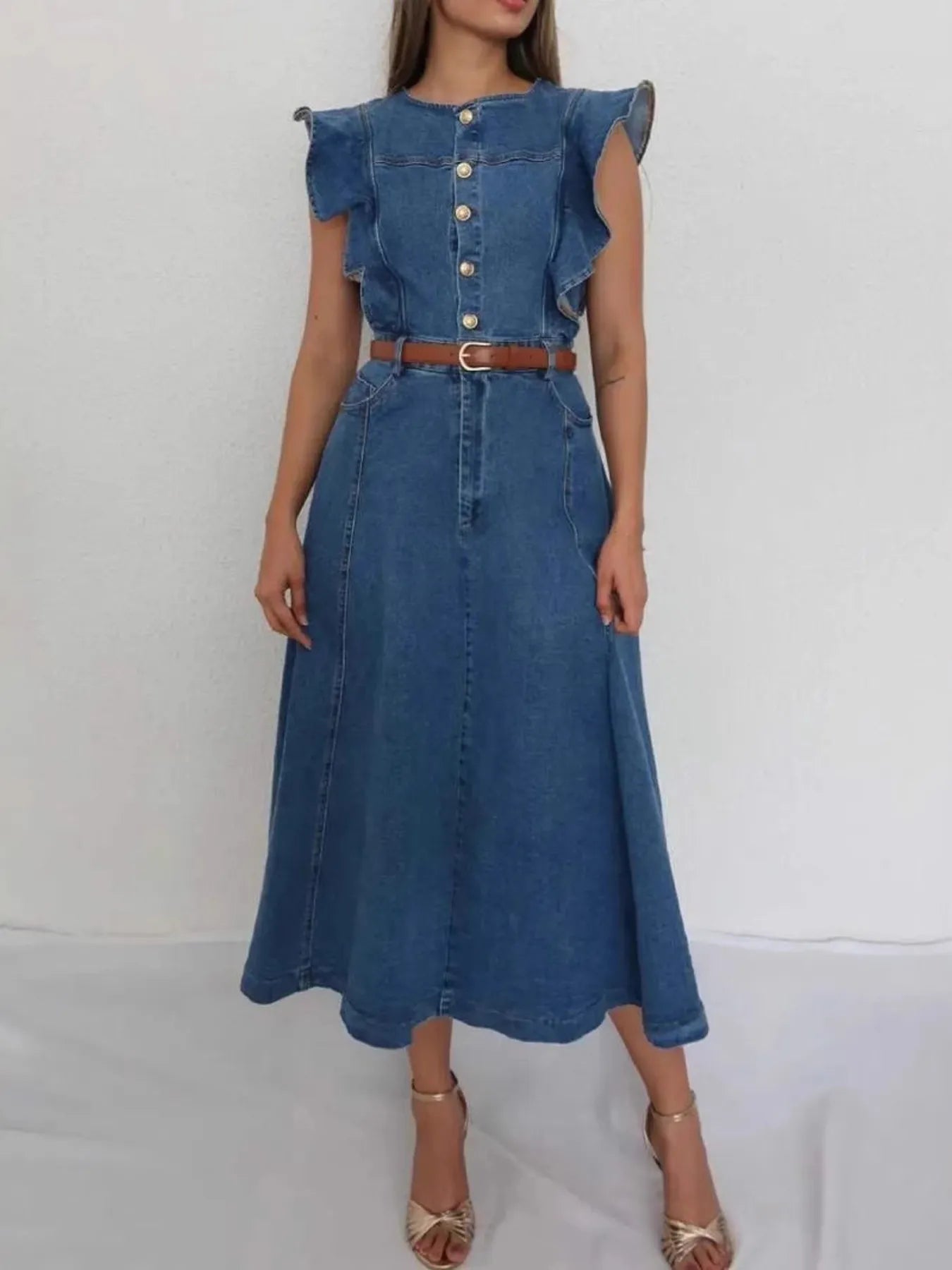 Button - Front Ruffle Sleeve Denim Midi Dress - eighttwentytwo92