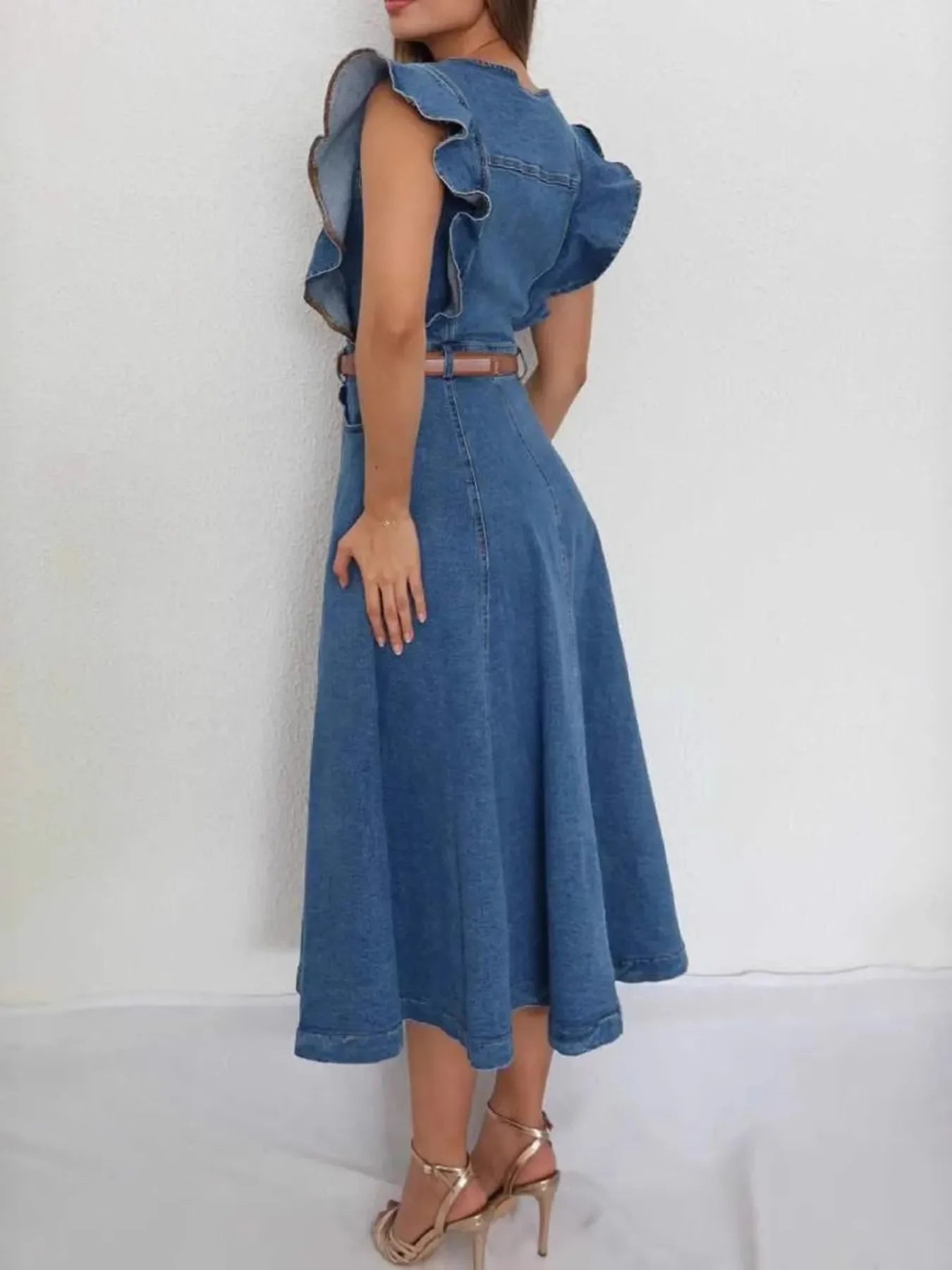 Button - Front Ruffle Sleeve Denim Midi Dress - eighttwentytwo92