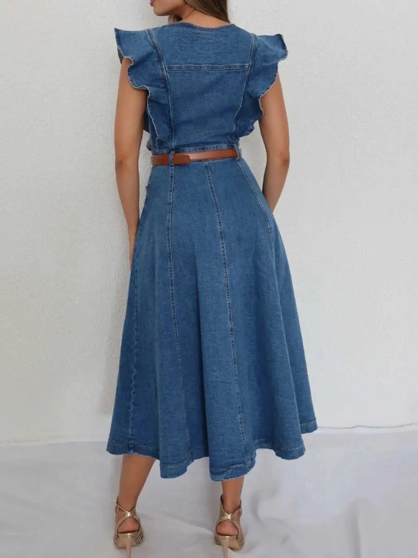 Button - Front Ruffle Sleeve Denim Midi Dress - eighttwentytwo92