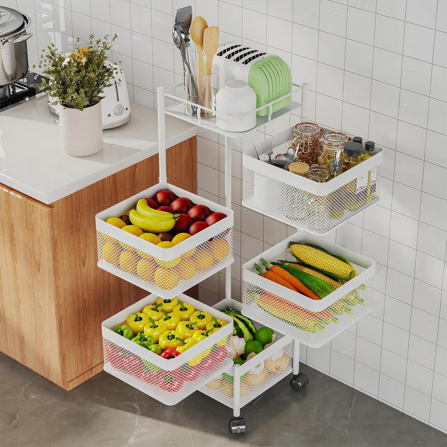 Fruit and Vegetable Basket for Kitchen No Assembly��� Rotating Kitchen Storage Rack,Bathroom Storage Shelf, Kitchen Organizers and Storage Cart on Rolling Wheels(Black, 5 Tier-Square)