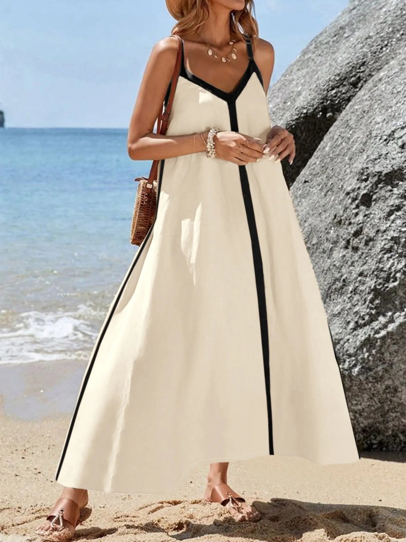 Contrast Trim V - Neck Maxi Dress - eighttwentytwo92