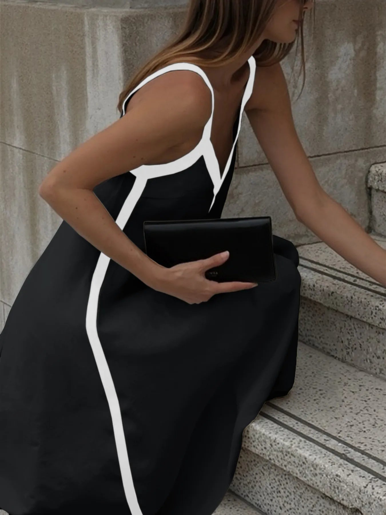 Contrast Trim V - Neck Maxi Dress - eighttwentytwo92